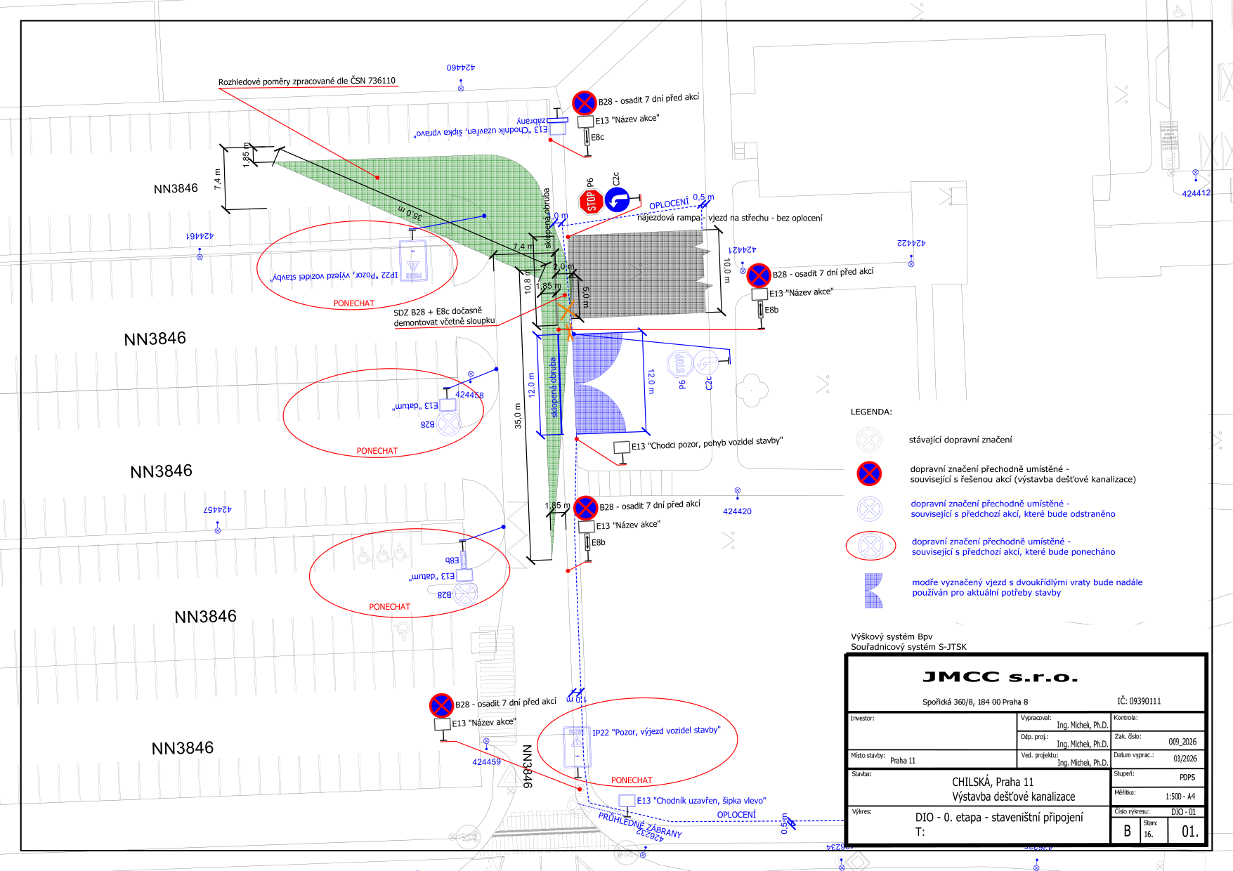 Situační nákres dopravního značení pro staveništní připojení v rámci výstavby dešťové kanalizace.