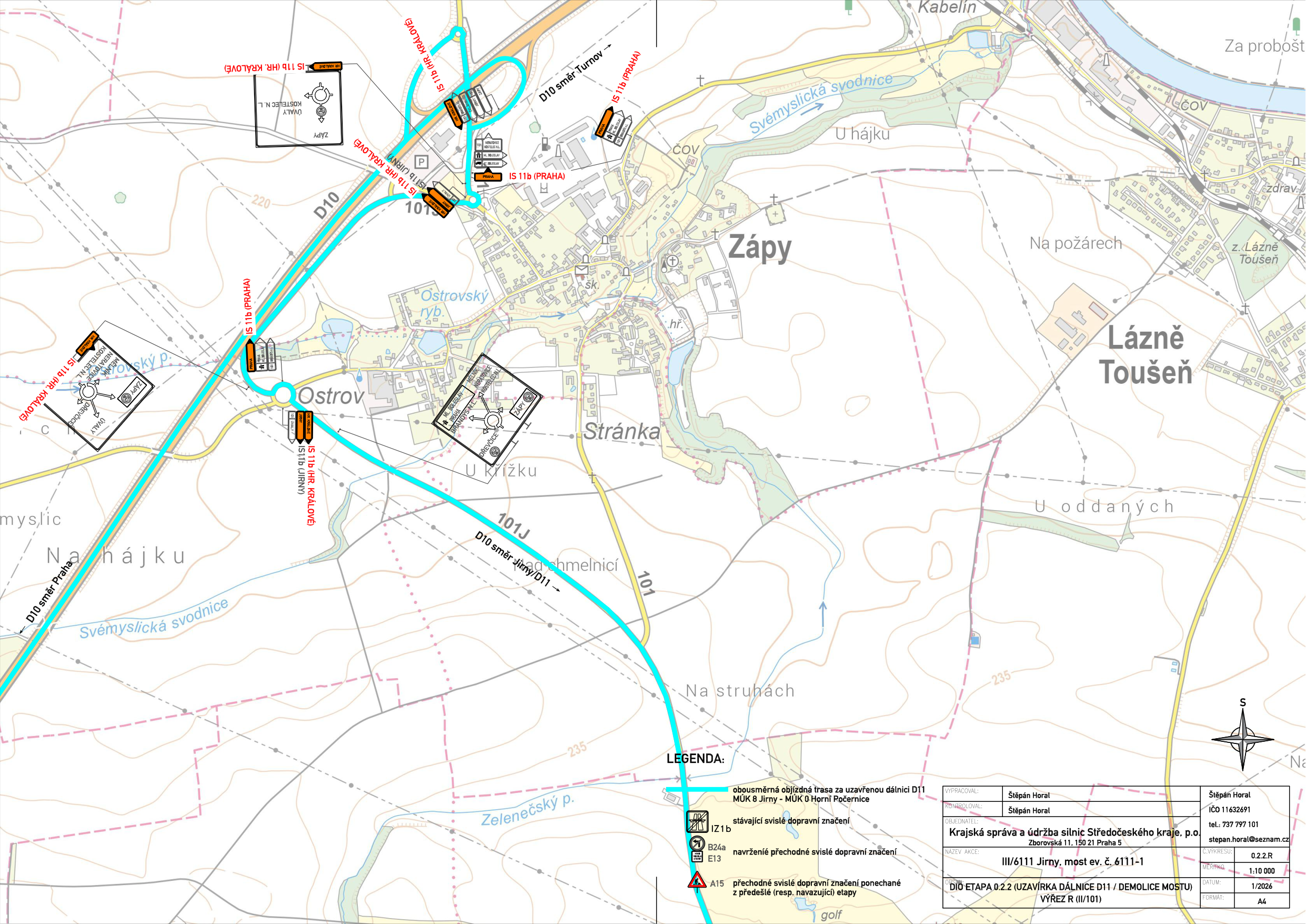 Situační nákres dopravního značení pro objízdnou trasu v okolí obce Zápy v souvislosti s uzavírkou dálnice D11.