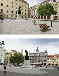 Vizualizace projektu úpravy veřejného prostranství (náměstí) s historickou sochou, lavičkami, stromy a dlažbou. Na podstavci sochy je patrný text, který je vša…