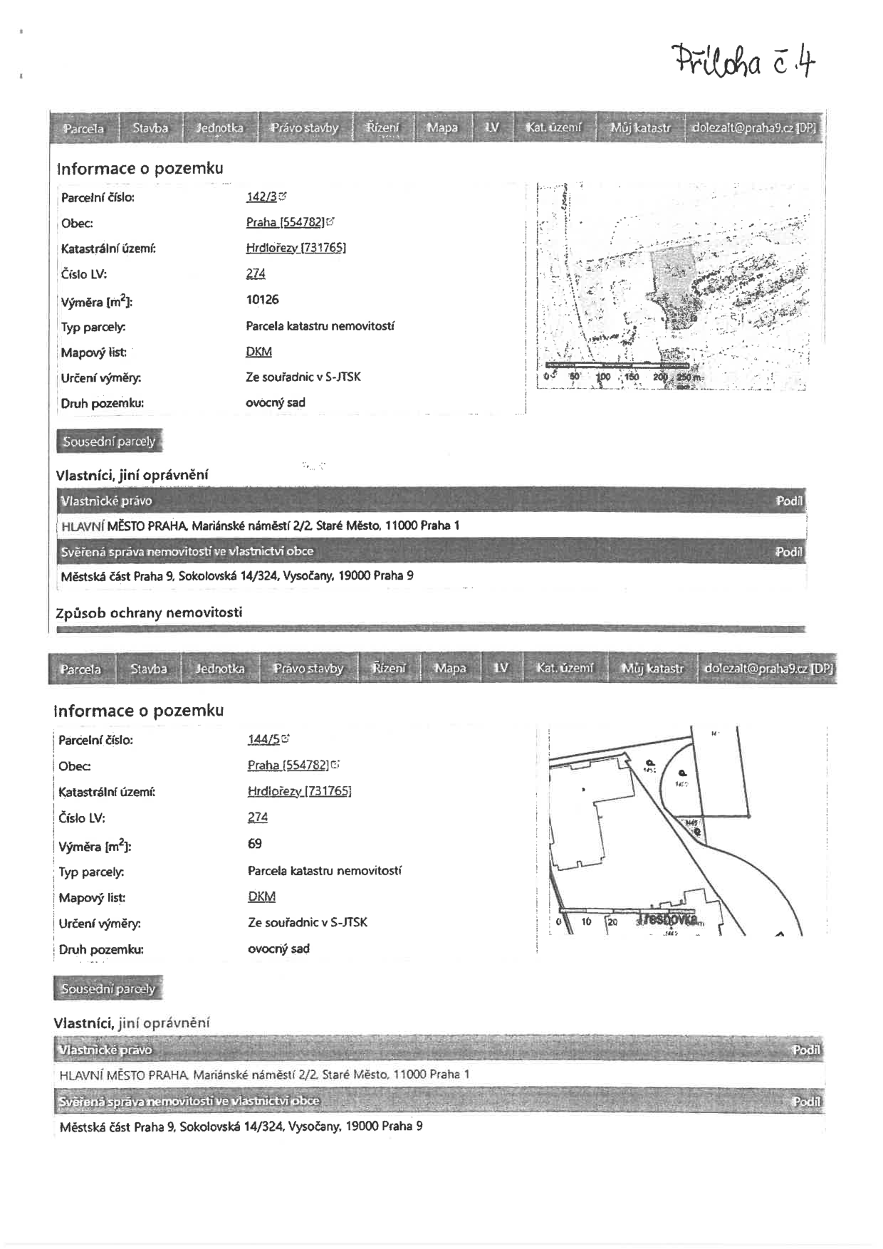 Výpis z katastru nemovitostí pro dvě parcely v k.ú. Hrdlořezy (Praha), LV 274. 1) Parcela č. 142/3, výměra 10126 m2, druh pozemku: ovocný sad. 2) Parcela č. 144/5, výměra 69 m2, druh pozemku: ovocný sad. Vlastníkem obou parcel je HLAVNÍ MĚSTO PRAHA, Mariánské náměstí 2/2, Staré Město, 11000 Praha 1, se svěřenou správou pro Městskou část Praha 9, Sokolovská 14/324, Vysočany, 19000 Praha 9.