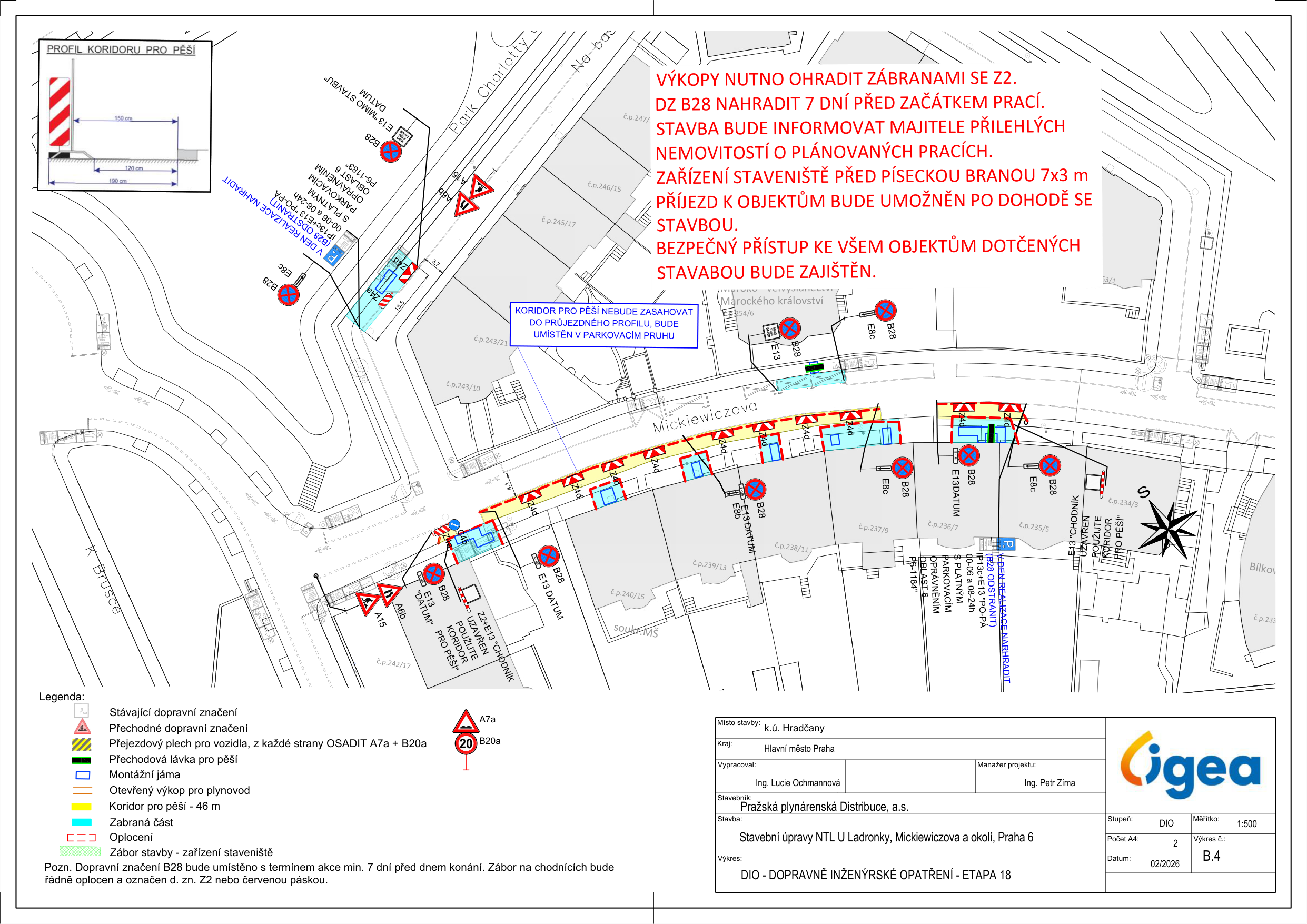 Dopravně inženýrské opatření (DIO) pro stavební práce v ulici Mickiewiczova, obsahující plán záboru a vyznačení uzavírek.