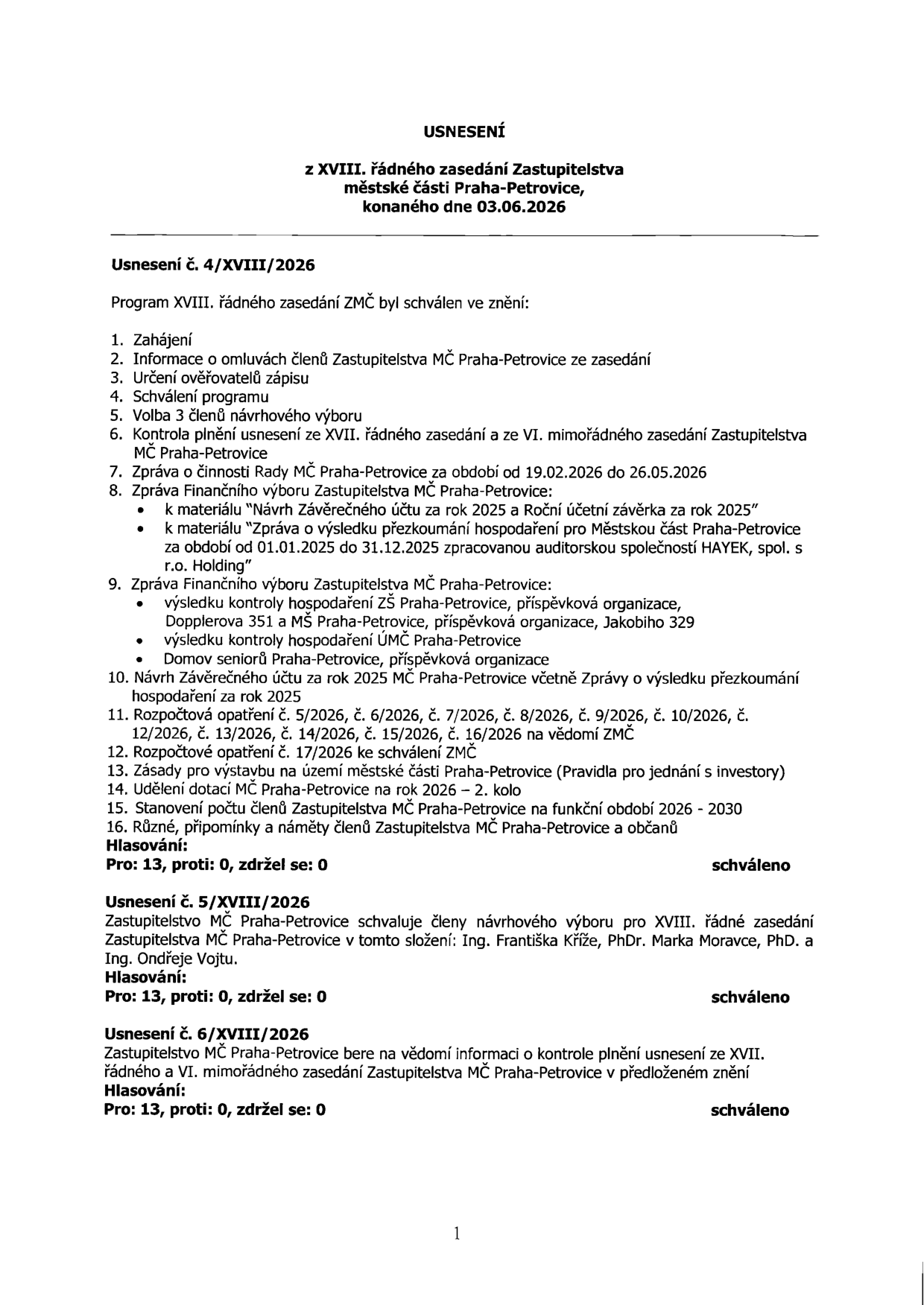 USNESENÍ z XVIII. řádného zasedání Zastupitelstva městské části Praha-Petrovice, konaného dne 03.06.2026. Usnesení č. 4/XVIII/2026: Program XVIII. řádného zasedání ZMČ byl schválen v bodech 1-16 (Zahájení, Informace o omluvách, Určení ověřovatelů, Schválení programu, Volba návrhového výboru, Kontrola plnění usnesení, Zpráva o činnosti Rady, Zpráva Finančního výboru k účetní závěrce 2025 a auditu, Zpráva Finančního výboru ke kontrole ZŠ a MŠ, Návrh Závěrečného účtu 2025, Rozpočtová opatření č. 5-16/2026, Rozpočtové opatření č. 17/2026, Zásady pro výstavbu, Udělení dotací 2026 - 2. kolo, Stanovení počtu členů ZMČ 2026-2030, Různé). Hlasování: Pro 13, proti 0, zdržel se 0, schváleno. Usnesení č. 5/XVIII/2026: Schválení členů návrhového výboru (Ing. Františka Kříže, PhDr. Marka Moravce, PhD., Ing. Ondřeje Vojtu). Hlasování: Pro 13, proti 0, zdržel se 0, schváleno. Usnesení č. 6/XVIII/2026: Zastupitelstvo bere na vědomí informaci o kontrole plnění usnesení. Hlasování: Pro 13, proti 0, zdržel se 0, schváleno.