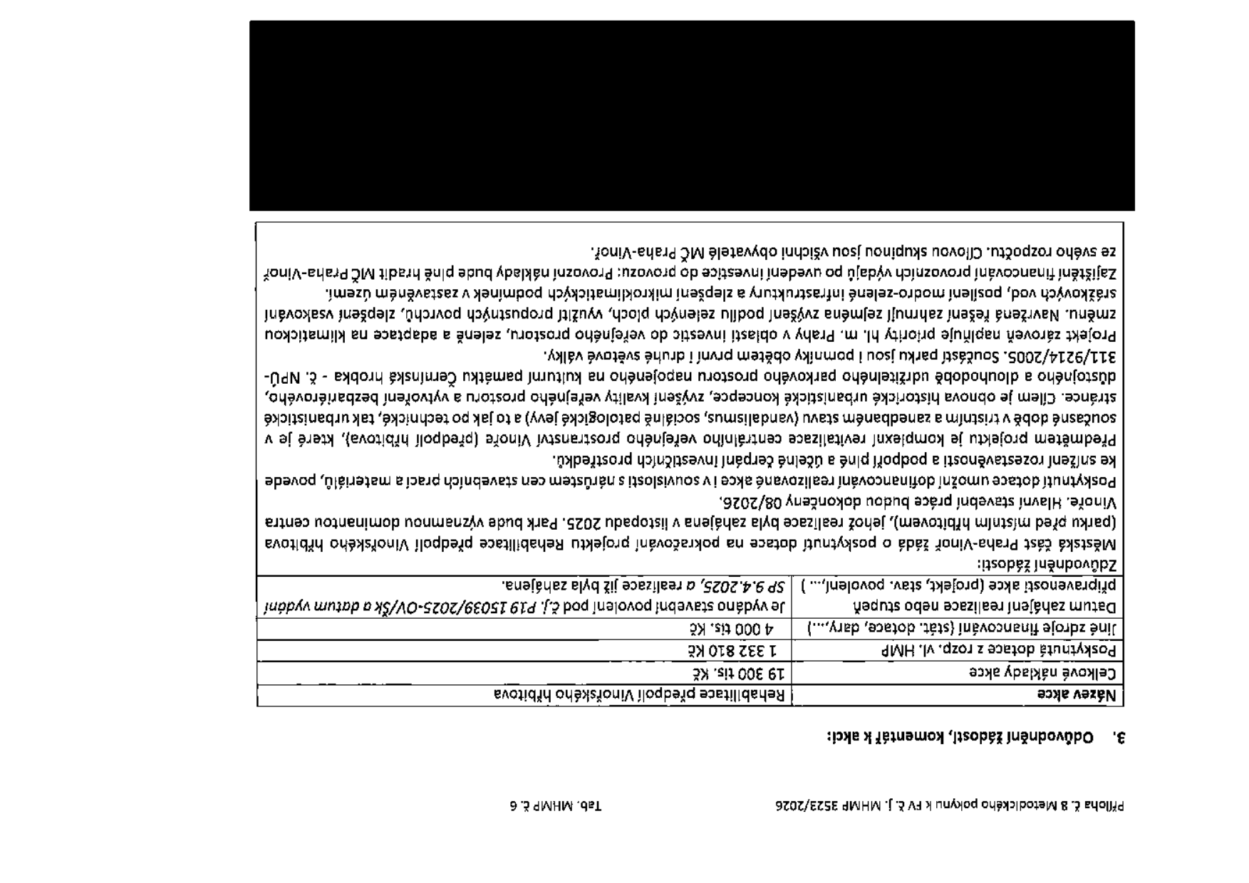 Příloha č. 8 Metodického pokynu k FV č. J. MHMP 3523/2026, Tab. MHMP č. 6. 3. Odůvodnění žádosti, komentář k akci: Název akce: Rehabilitace předpolí Vinořského hřbitova. Celkové náklady akce: 19 300 tis. Kč. Poskytnutá dotace z rozp. vl. HMP: 1 332 810 Kč. Jiné zdroje financování (stát. dotace, dary,...): 4 000 tis. Kč. Datum zahájení realizace nebo stupeň připravenosti akce (projekt, stav. povolení,...): Je vydáno stavební povolení pod č.j. P19 15039/2025-OV/Šk a datum vydání SP 9.4.2025, a realizace již byla zahájena. Zdůvodnění žádosti: Městská část Praha-Vinoř žádá o poskytnutí dotace na pokračování projektu Rehabilitace předpolí Vinořského hřbitova (parku před místním hřbitovem), jehož realizace byla zahájena v listopadu 2025. Park bude významnou dominantou centra Vinoře. Hlavní stavební práce budou dokončeny 08/2026. Poskytnutí dotace umožní dofinancování realizované akce i v souvislosti s nárůstem cen stavebních prací a materiálů, povede ke snížení rozestavěnosti a podpoří plné a účelné čerpání investičních prostředků. Předmětem projektu je komplexní revitalizace centrálního veřejného prostranství Vinoře (předpolí hřbitova), které je v současné době v tristním a zanedbaném stavu (vandalismus, sociálně patologické jevy) a to jak po technické, tak urbanistické stránce. Cílem je obnova historické urbanistické koncepce, zvýšení kvality veřejného prostoru a vytvoření bezbariérového, důstojného a dlouhodobě udržitelného parkového prostoru napojeného na kulturní památku Černínská hrobka - č. NPÚ-311/9214/2005. Součástí parku jsou i pomníky obětem první i druhé světové války. Projekt zároveň naplňuje priority hl. m. Prahy v oblasti investic do veřejného prostoru, zeleně a adaptace na klimatickou změnu. Navržená řešení zahrnují zejména zvýšení podílu zelených ploch, využití propustných povrchů, zlepšení vsakování srážkových vod, posílení modro-zelené infrastruktury a zlepšení mikroklimatických podmínek v zastavěném území. Zajištění financování provozních výdajů po uvedení investice do provozu: Provozní náklady bude plně hradit MČ Praha-Vinoř ze svého rozpočtu. Cílovou skupinou jsou všichni obyvatelé MČ Praha-Vinoř.