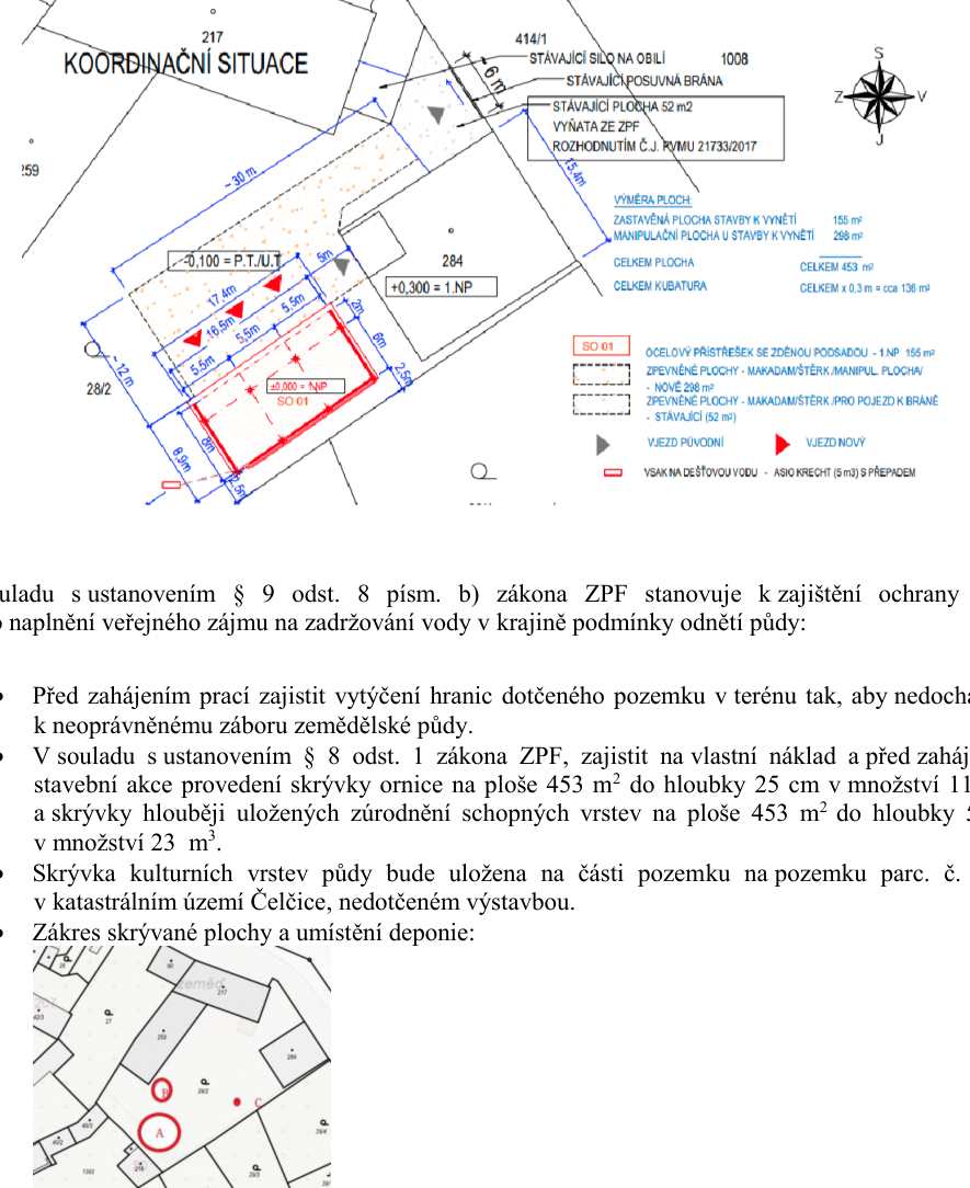 Koordinační situace stavby ocelového přístřešku se zděnou podsadou (SO 01). Dokument obsahuje technický nákres s rozměry, výměrami a popisem ploch: zastavěná plocha 155 m², manipulační plocha 298 m², celková plocha 453 m², celková kubatura cca 136 m³. Dále obsahuje podmínky odnětí půdy ze ZPF: povinnost vytýčení hranic, provedení skrývky ornice (113 m³) a zúrodnění schopných vrstev (23 m³) na ploše 453 m², a uložení skrývky na nedotčené části pozemku v k.ú. Čelčice. Součástí je i výřez katastrální mapy s vyznačením plochy skrývky (A) a deponie (B).