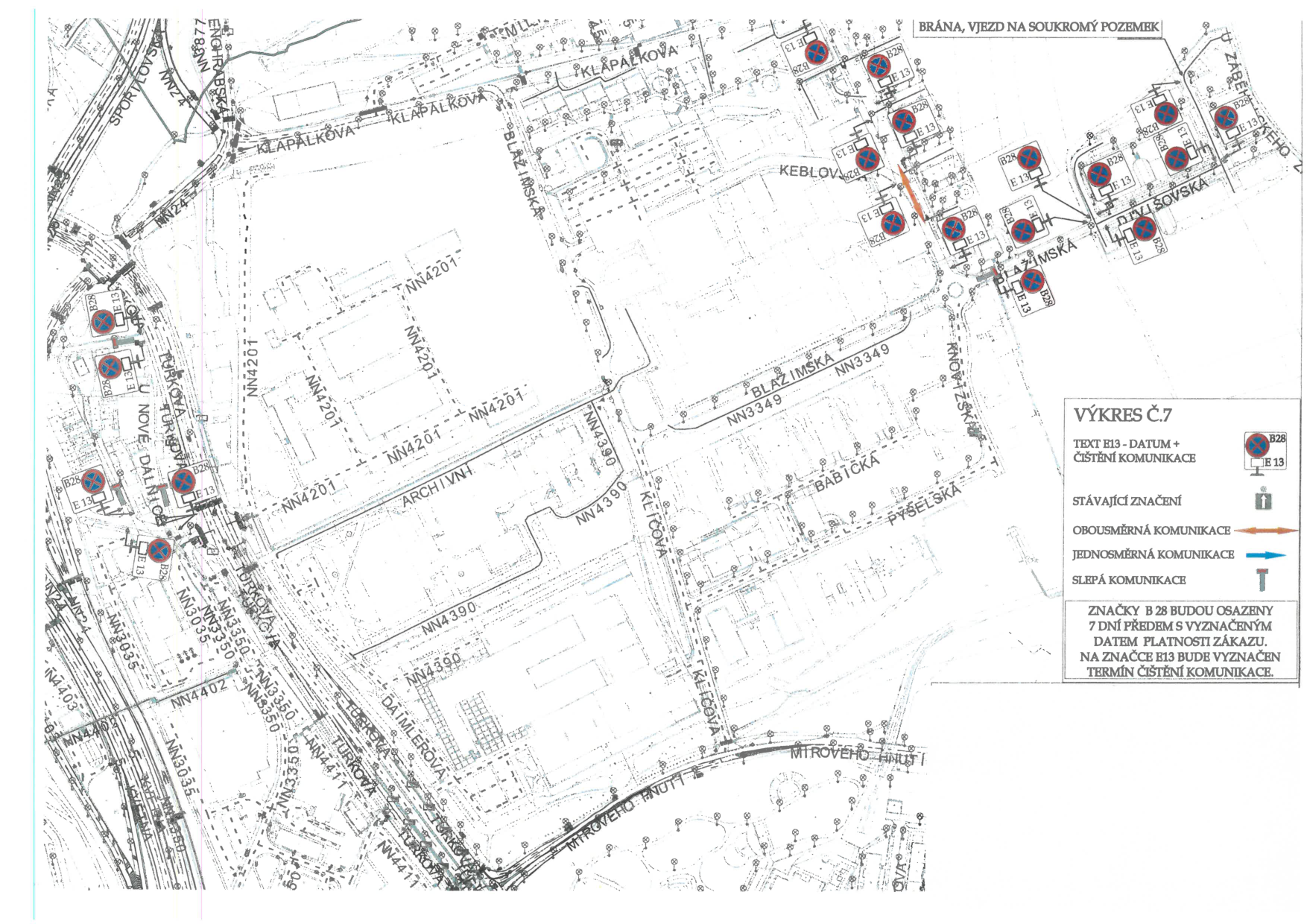 Dopravně-inženýrský situační plán (výkres č. 7) znázorňující rozmístění dopravního značení zákazu zastavení v ulicích.