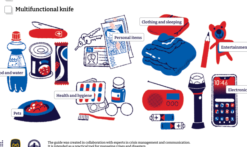 Informační leták s doporučeným obsahem evakuačního zavazadla pro případ krizových situací. Obsahuje ilustrace a popis kategorií: Multifunctional knife (multifunkční nůž), Food and water (jídlo a voda), Personal items (osobní věci - klíče, doklady, peníze), Clothing and sleeping (oblečení a spací potřeby), Entertainment (zábava - tužka, plyšák), Pets (potřeby pro domácí mazlíčky), Health and hygiene (zdraví a hygiena - léky, brýle, kartáček), Electronics (elektronika - rádio, baterie, svítilna, mobilní telefon). V dolní části text: 'The guide was created in collaboration with experts in crisis management and communication. It is intended as a practical tool for managing crises and disasters.'