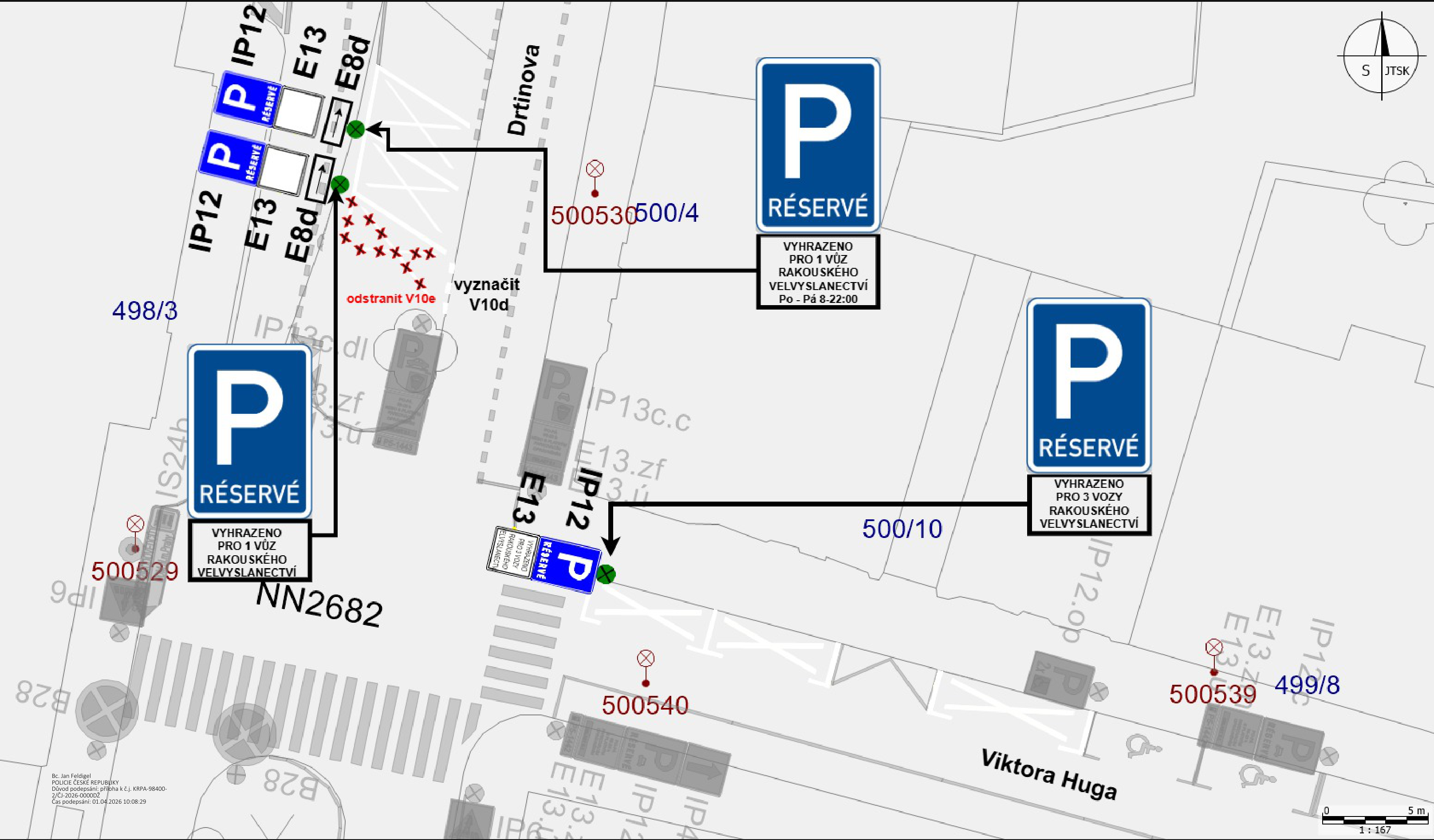 Situační nákres dopravního značení pro vyhrazené parkování rakouského velvyslanectví v ulicích Drtinova a Viktora Huga.