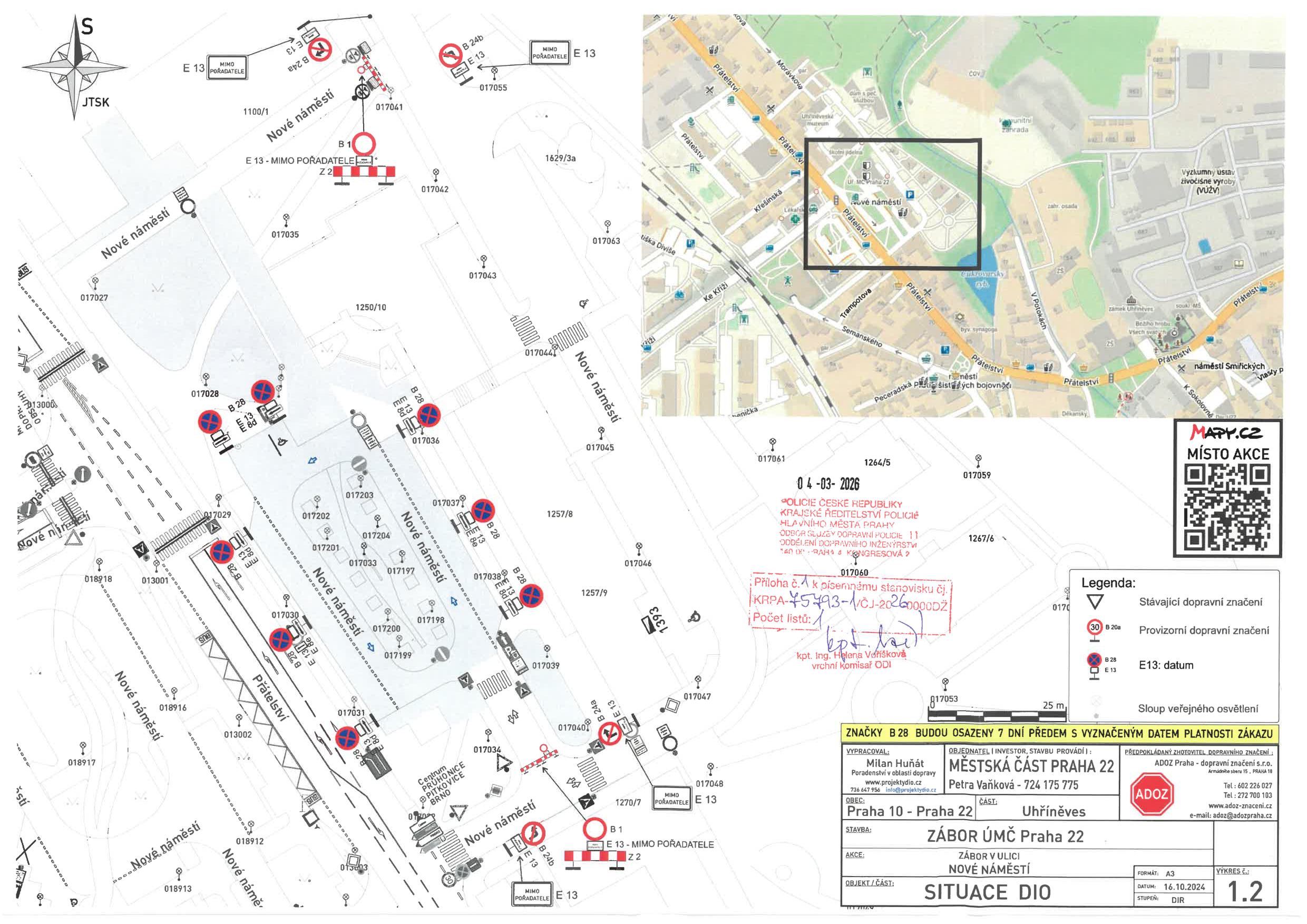 Situační nákres dopravního značení pro uzavírku v lokalitě Nové náměstí v Praze 22.