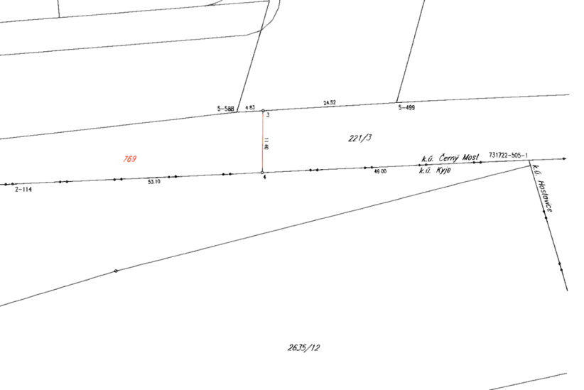 Výřez katastrální mapy zobrazující hranice pozemků. Jsou zde uvedena čísla parcel: 221/3, 769 a 2635/12. Dále jsou vyznačeny kódy bodů (např. 5-588, 5-499, 2-114), délkové kóty (4.83, 24.52, 11.40, 53.10, 49.00) a katastrální území: k.ú. Černý Most, k.ú. Kyje a k.ú. Hostavice. Uvedeno je také číslo 731722-505-1.
