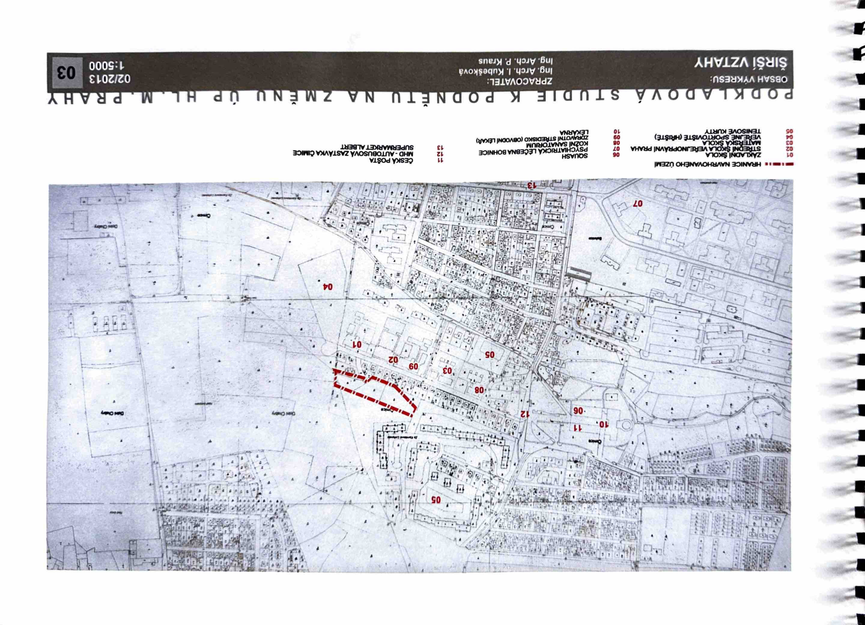 Situační mapa širších vztahů pro územní plán s vyznačenými body zájmu v oblasti Praha - Čimice.