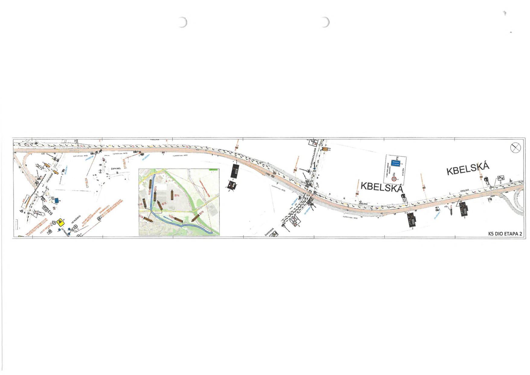 Plán dopravního značení (DIO) pro etapu stavby označenou jako 'K5 DIO ETAPA 2'. Mapa zobrazuje úsek ulice Kbelská s vyznačeným dopravním značením, objízdnými trasami a situačním schématem v levé části.