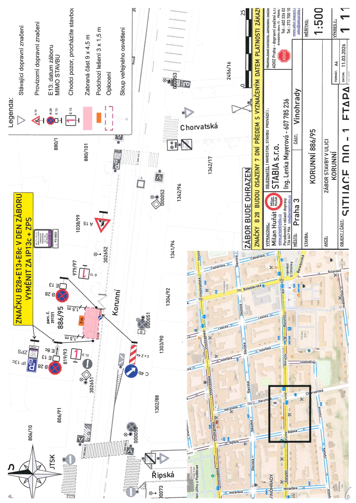 Situační nákres záboru veřejného prostranství na ulici Korunní v Praze.
