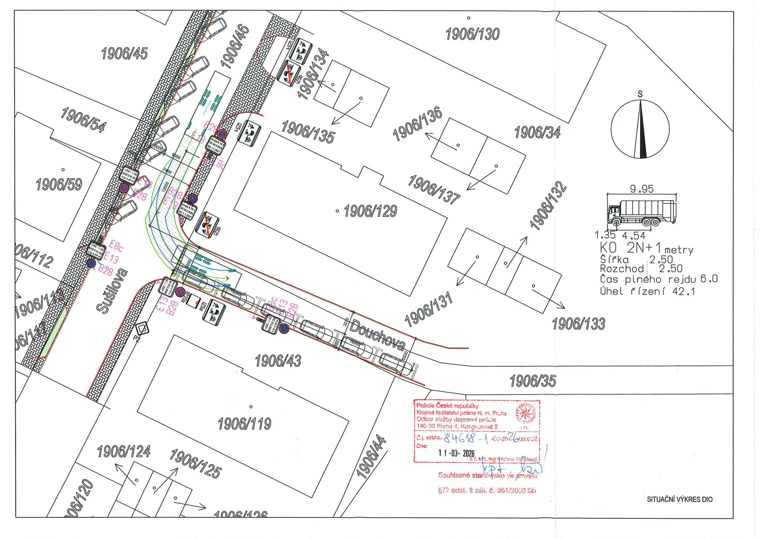 Situační nákres dopravního značení a průjezdnosti v ulicích Sušilova a Douchova.