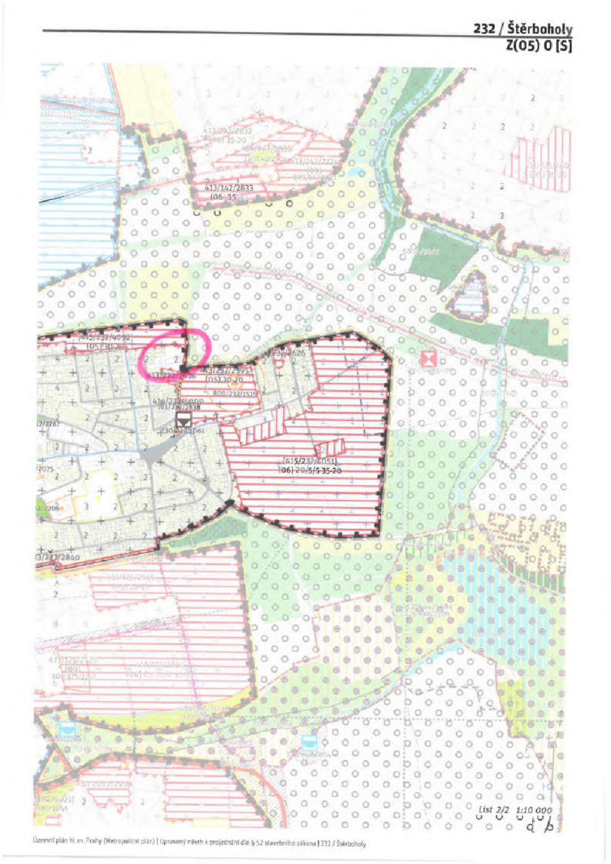 Výřez územního plánu hlavního města Prahy (Metropolitní plán), lokalita Štěrboholy, list 2/2, měřítko 1:10 000. Mapa obsahuje katastrální čísla parcel a barevné značení funkčních ploch. V textu je uvedeno: '232 / Štěrboholy Z(05) 0 [S]', 'Územní plán hl. m. Prahy (Metropolitní plán) | Upravený návrh k projednání dle § 52 stavebního zákona | 232 / Štěrboholy'. V mapě jsou čitelné identifikátory parcel, např. '413/142/2833 (06 35)', 'A15/237/4051 (06) 20/5/5 35-20' a další.