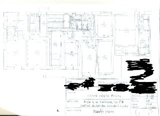Stavební výkres (půdorys přízemí) objektu na adrese Praha 6, ul. Vaníčkova, č.p. 1230. Výkres obsahuje zaměření skutečného provedení stavby. Obsahuje technické…