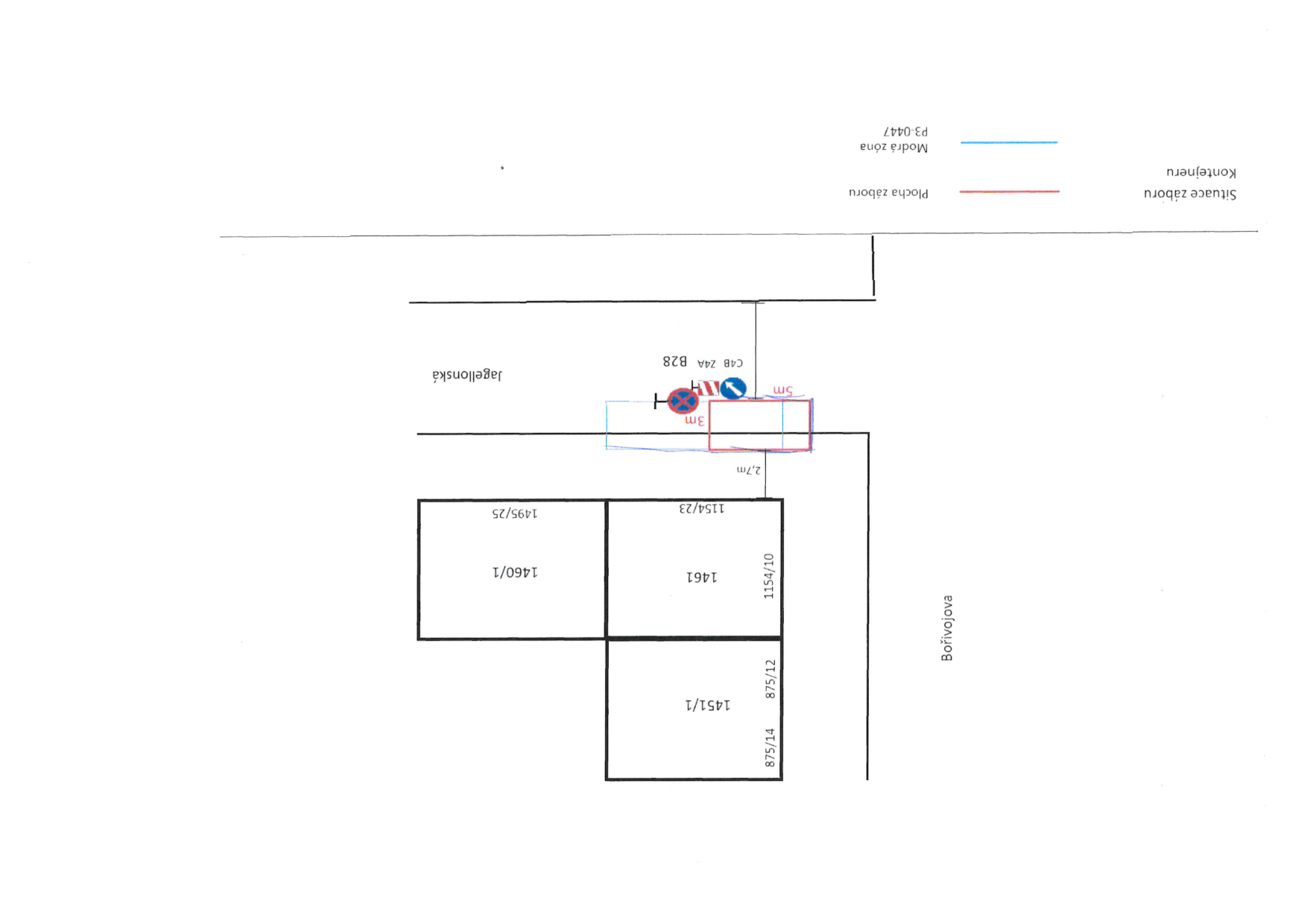 Situační nákres záboru veřejného prostranství pro umístění kontejneru v ulici Jagellonská, Praha. Nákres obsahuje katastrální čísla parcel (875/14, 875/12, 1154/10, 1461, 1451/1, 1460/1, 1495/25, 1154/23), ulici Bořivojova a Jagellonská. Vyznačeny jsou rozměry záboru (5m a 3m), dopravní značení (zákaz zastavení, modrá zóna P3-0447) a legenda: červená čára značí plochu záboru, modrá čára značí kontejner.