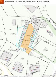 Katastrální mapa s názvem 'Pozemek parc. č. 2102/10 a část pozemku parc. č. 2102/1 v k.ú. Libeň'. Na mapě jsou vyznačena čísla parcel a budov (např. 2102/10, 2…