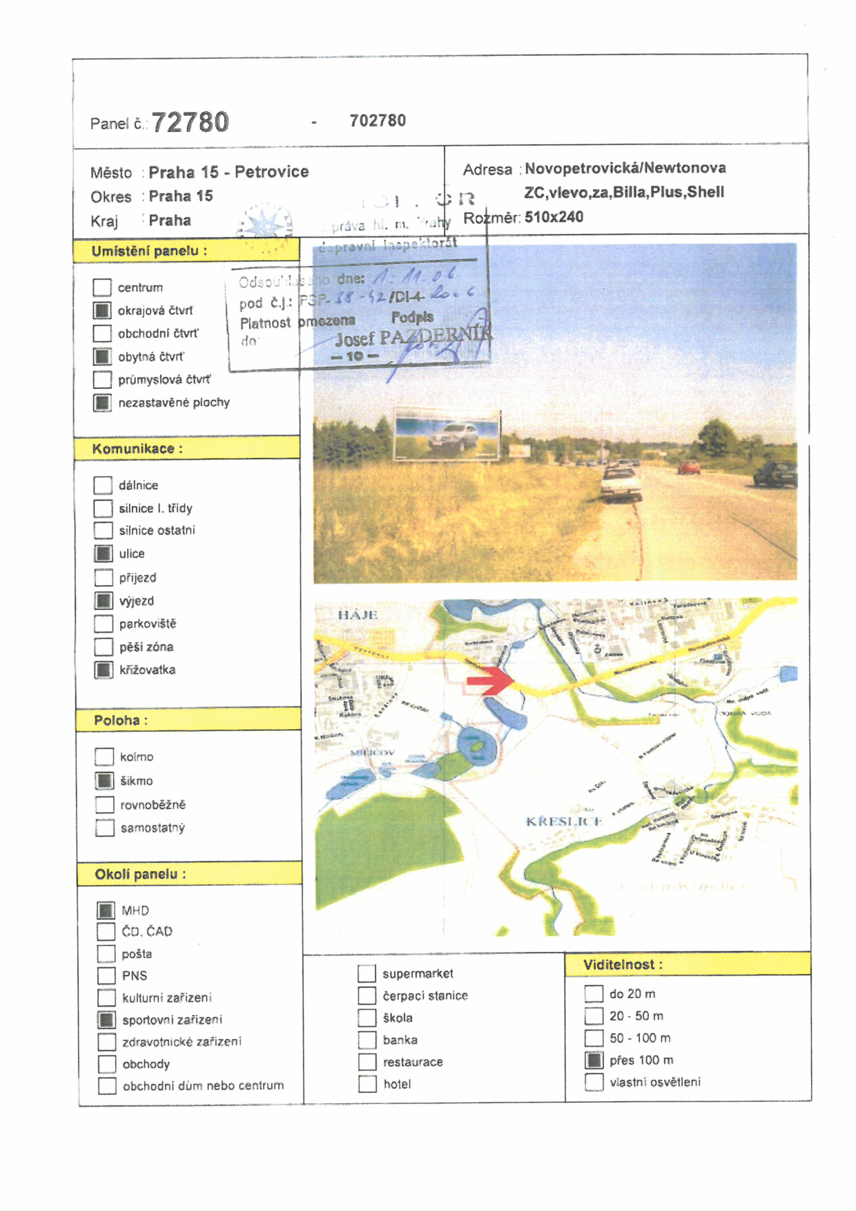 Informační list k reklamnímu panelu obsahující situační nákres umístění, fotografii pozemku a technické parametry.