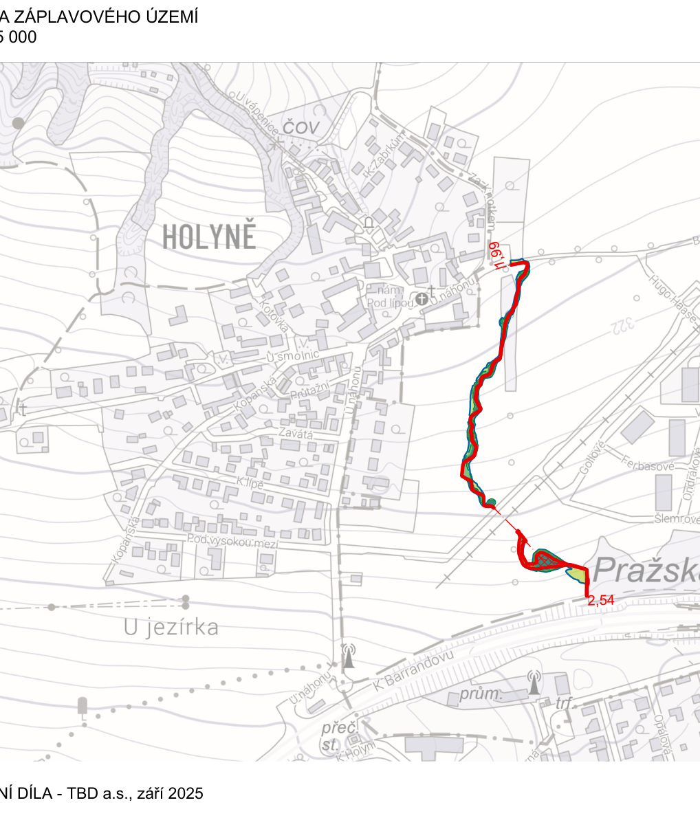 Mapa záplavového území v oblasti Holyně. Obsahuje zakreslený vodní tok s vyznačenými body 1,99 a 2,54. V mapě jsou patrné názvy ulic a lokalit: Holyně, U vápenice, K Zahrádkám, nám. Pod lípou, U náhonu, Kopanská, U smolnic, Zavátá, K lípě, Pod vysokou mezí, U jezírka, K Barrandovu, Pražská. V dolní části je text: 'NÍ DÍLA - TBD a.s., září 2025'. V horní části je text: 'A ZÁPLAVOVÉHO ÚZEMÍ 5 000'.