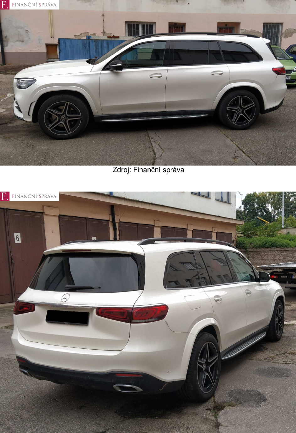 Fotografie bílého osobního automobilu značky Mercedes-Benz (SUV), pravděpodobně model GLS. V levém horním rohu je logo a nápis 'FINANČNÍ SPRÁVA'. Pod obrázkem je text 'Zdroj: Finanční správa'.
