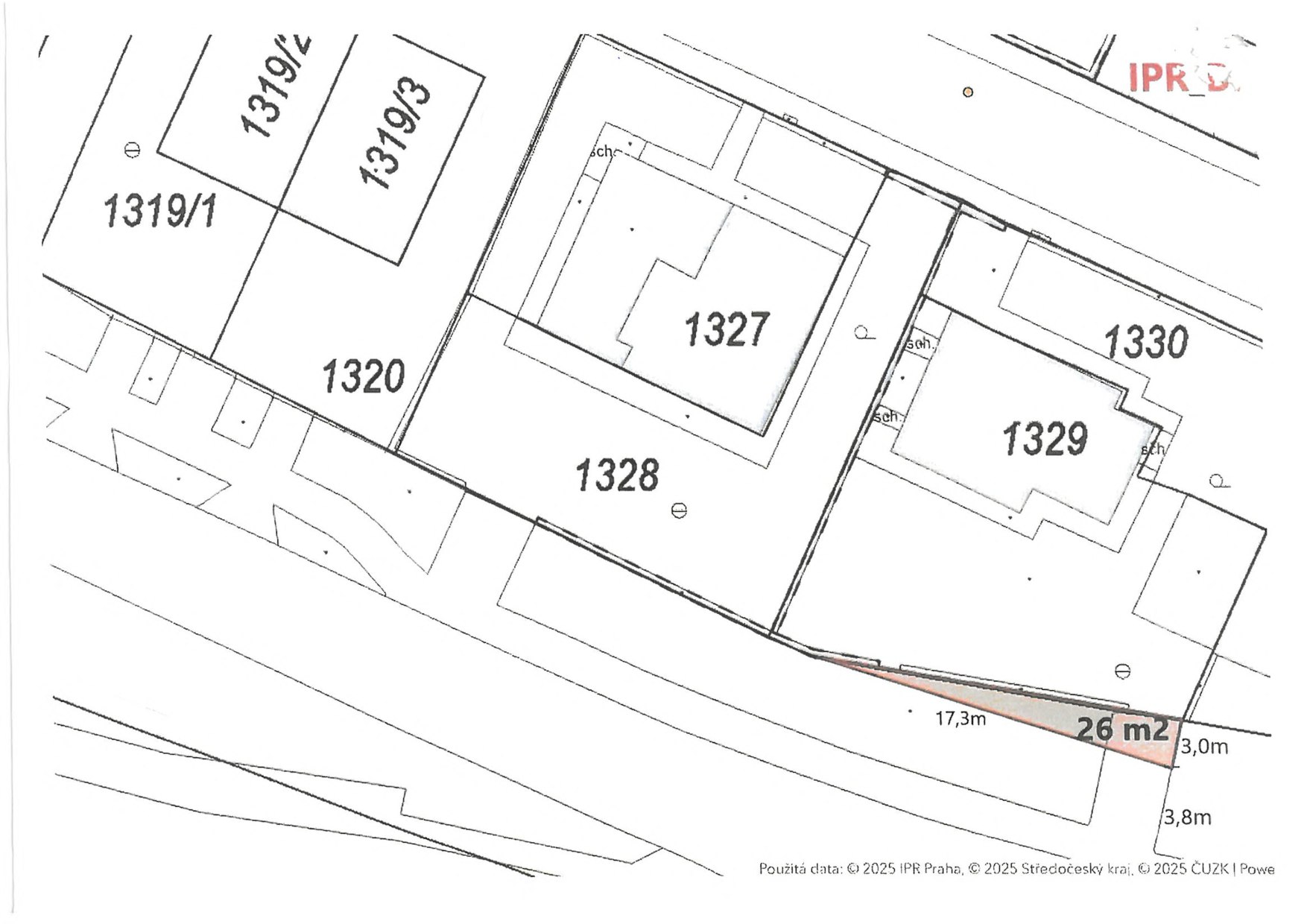 Výřez z katastrální mapy se zvýrazněným pozemkem o výměře 26 m2 u parcel 1328 a 1329.