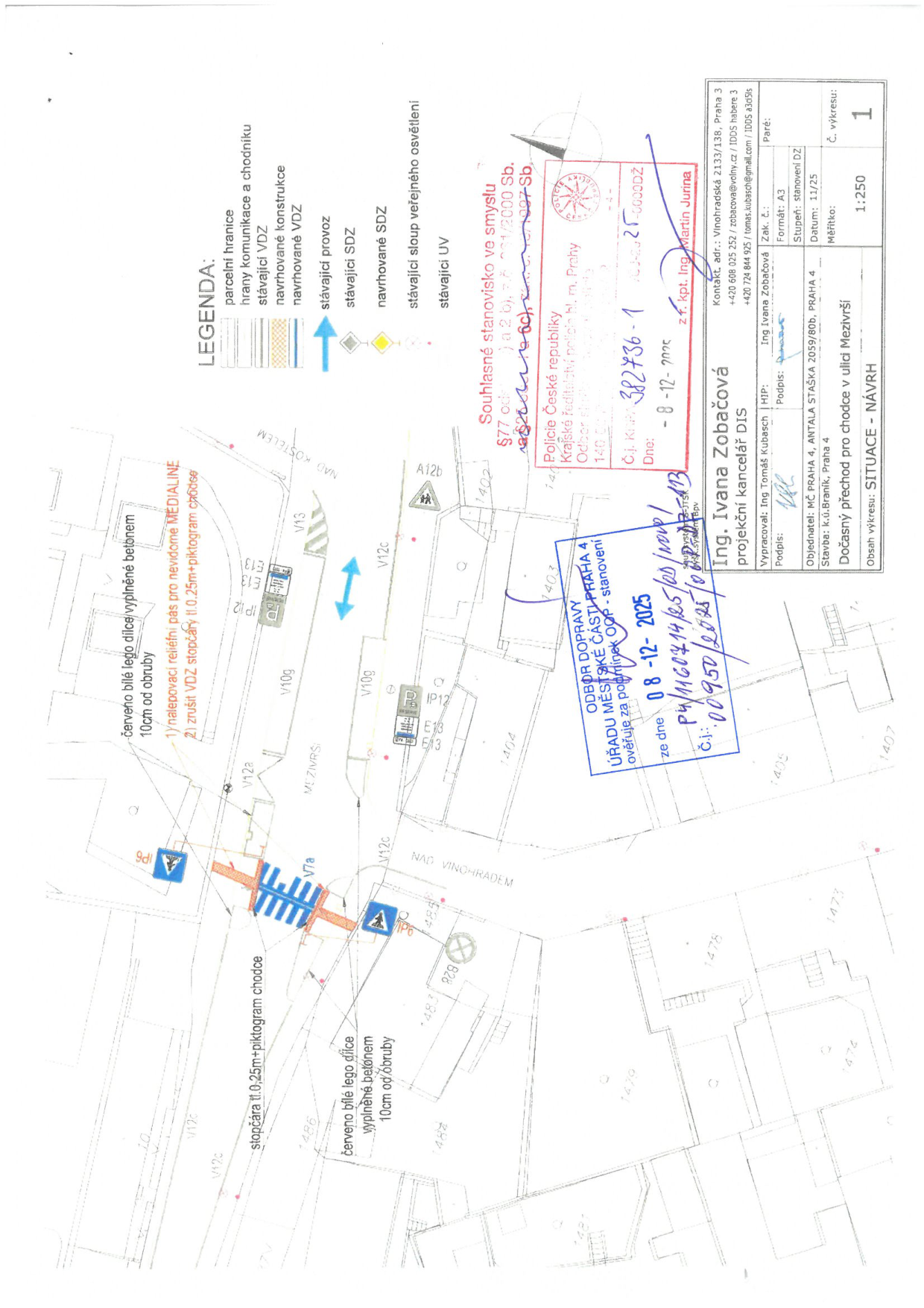 Situační nákres dopravního značení a úprav pro přechod pro chodce v ulici Mezivršší.