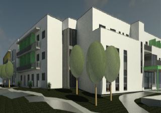 Vizualizace projektu moderní budovy s bílou fasádou, zelenými balkony a okolní zelení.