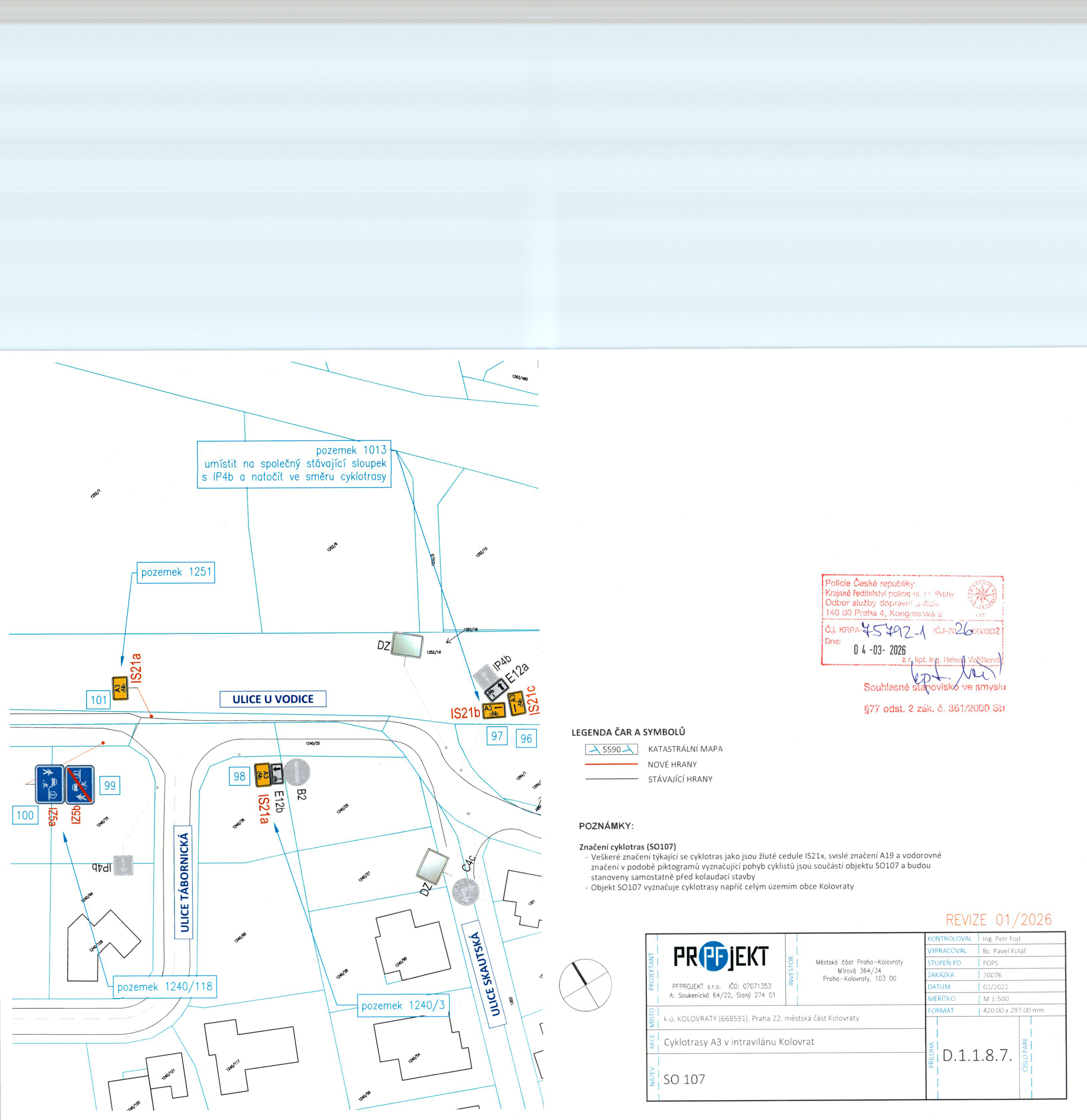 Koordinační situační výkres dopravního značení cyklotrasy v obci Kolovraty.