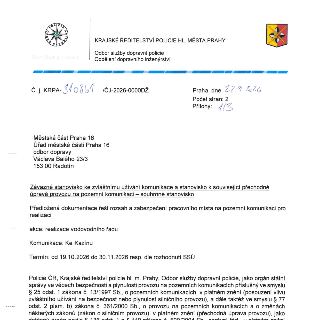 Závazné stanovisko ke zvláštnímu užívání komunikace a stanovisko k související přechodové úpravě provozu na pozemní komunikaci – souhrnné stanovisko. Vydal: Kr…