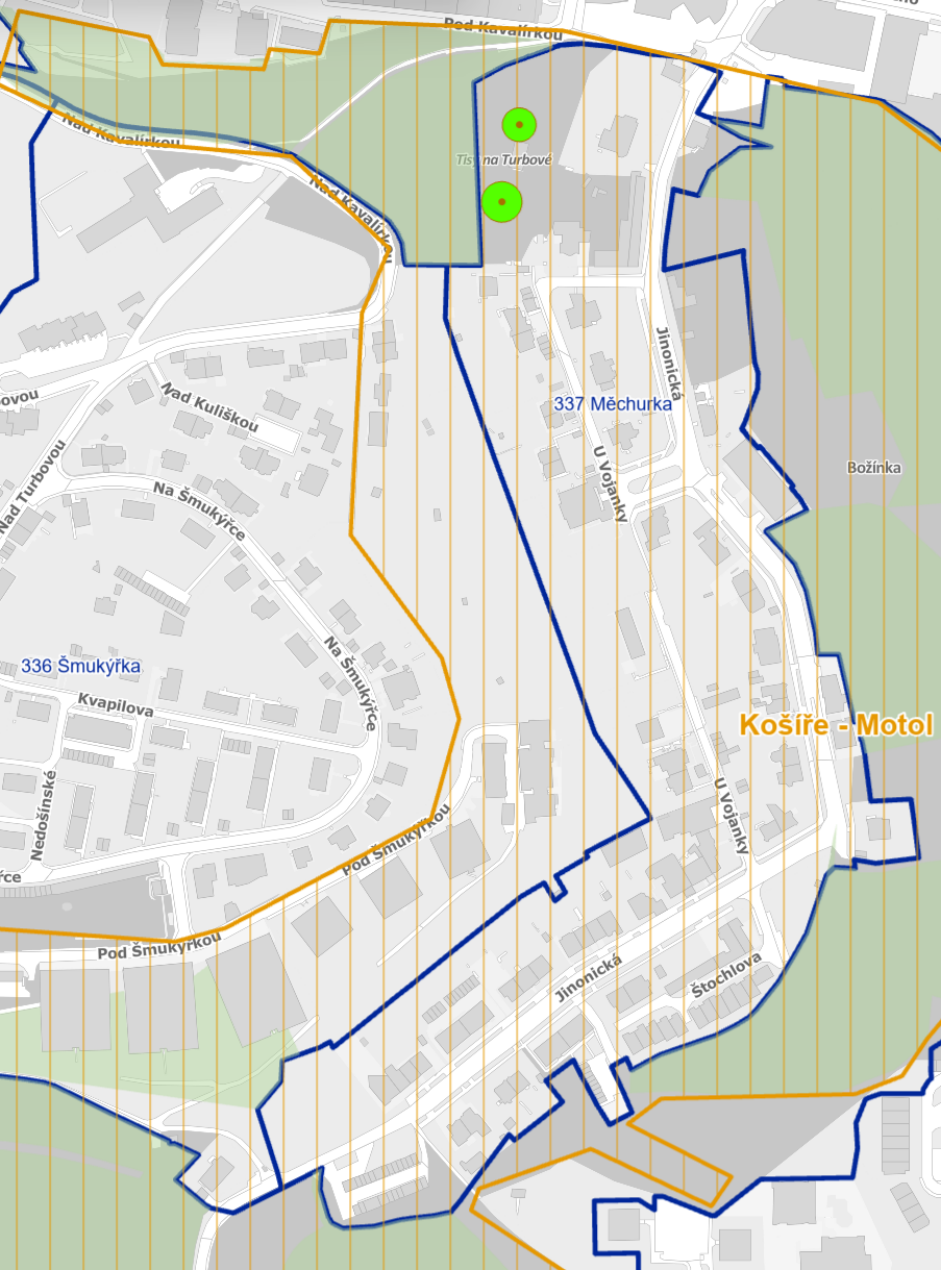Výřez katastrální mapy oblasti Košíře - Motol v Praze. V mapě jsou vyznačeny ulice: Pod Kavalírkou, Nad Kavalírkou, Nad Kuliškou, Na Šmukýřce, Pod Šmukýřkou, Jinonická, U Vojanky, Štochlova. Dále jsou zde označeny lokality: Tis na Turbové, 337 Měchurka, 336 Šmukýřka, Kvapilova, Božínka. V horní části jsou dvě zelené značky (body) v oblasti Tis na Turbové.