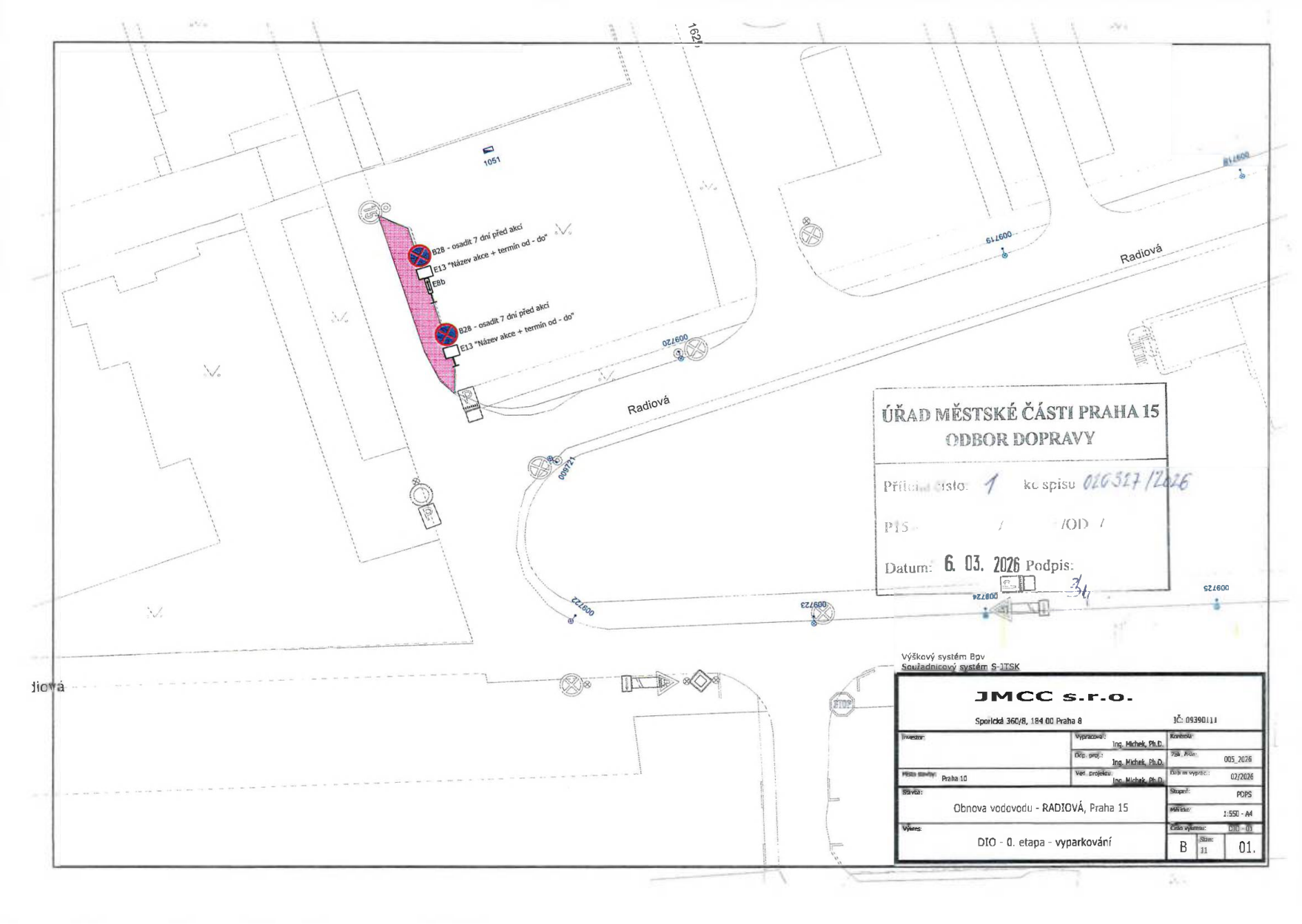 Situační nákres dopravního značení pro dočasné omezení parkování z důvodu stavby vodovodu v ulici Radiová.