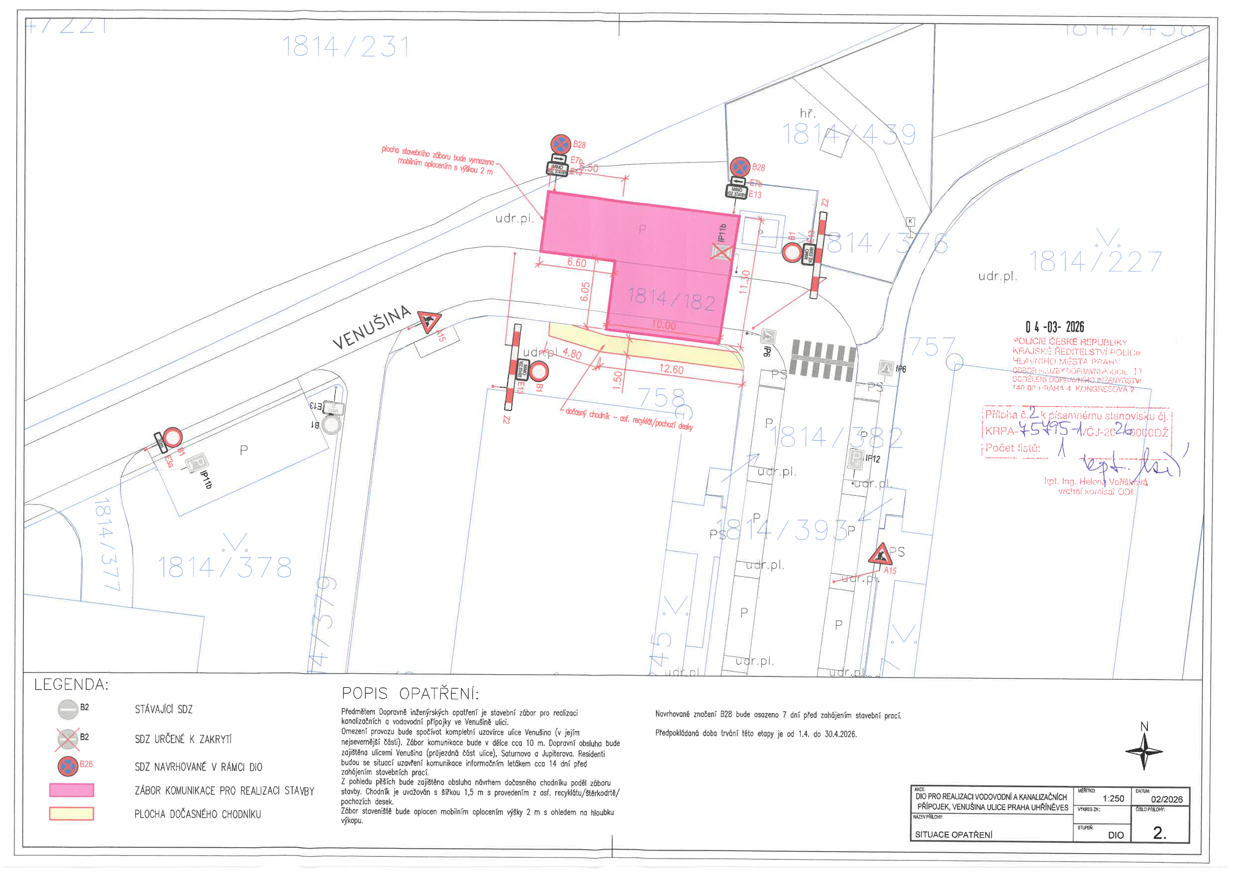 Situační nákres dopravního značení a záboru komunikace pro stavební práce v ulici Venušina.