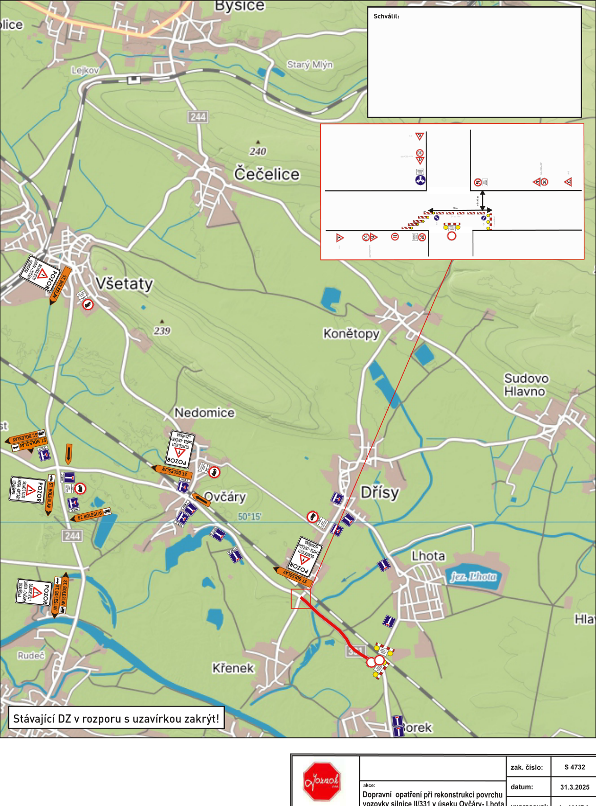 Situační nákres dopravního značení a uzavírky silnice II/331 v úseku Ovčáry - Lhota.