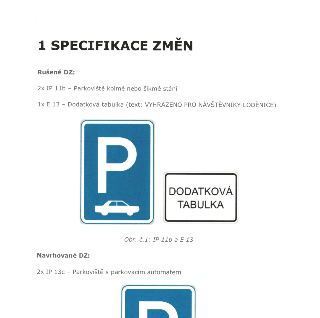 1 SPECIFIKACE ZMĚN. Rušené DZ: 2x IP 11b – Parkoviště kolmé nebo šikmé státní; 1x E 13 – Dodatková tabulka (text: VYHRAZENO PRO NÁVŠTĚVNÍKY LODĚNICE). Obr. č.…