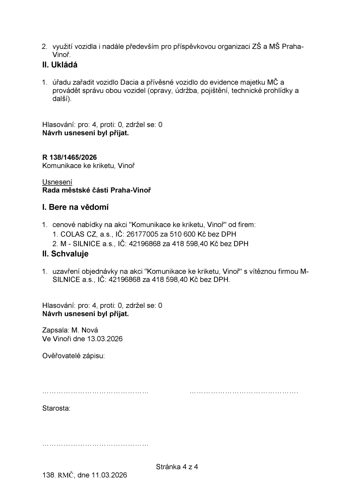 Výpis z usnesení Rady městské části Praha-Vinoř ze dne 11.03.2026 (stránka 4 ze 4). Obsahuje dva body: 1. Rozhodnutí o zařazení vozidla Dacia a přívěsného vozidla do evidence majetku MČ a zajištění jejich správy (hlasování: 4 pro, 0 proti, 0 zdržel se). 2. Usnesení R 138/1465/2026 'Komunikace ke kriketu, Vinoř': Rada bere na vědomí cenové nabídky firem COLAS CZ, a.s. (510 600 Kč bez DPH) a M - SILNICE a.s. (418 598,40 Kč bez DPH) a schvaluje uzavření objednávky s vítěznou firmou M - SILNICE a.s. za 418 598,40 Kč bez DPH (hlasování: 4 pro, 0 proti, 0 zdržel se). Zapsala M. Nová, ve Vinoři dne 13.03.2026.