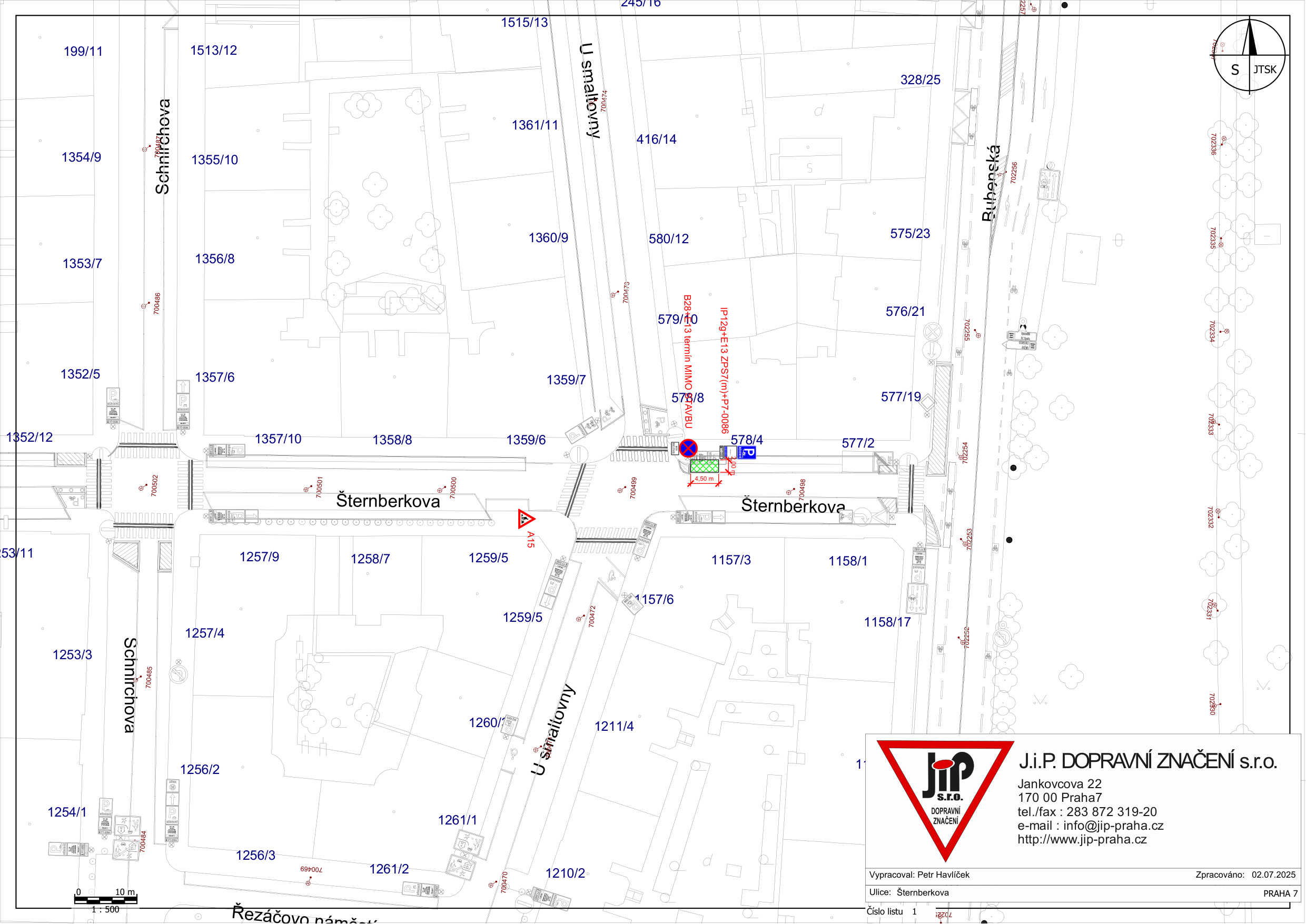 Situační nákres dopravního značení v ulici Šternberkova, Praha 7. Mapa zobrazuje okolní parcely (např. 1357/10, 1358/8, 1359/6, 578/8, 578/4, 1157/3, 1158/1) a ulice (Šternberkova, Schnirchova, U smaltovny, Buhenská). Vyznačeno je dopravní značení: zákaz zastavení (B28) s dodatkovou tabulkou '13 termin MIMO AVBU' a parkovací místo (IP 12g + E13 ZPS7(m) + P7-0086). Zpracovatel: J.I.P. DOPRAVNÍ ZNAČENÍ s.r.o., Jankovcova 22, 170 00 Praha 7, tel./fax: 283 872 319-20, e-mail: info@jip-praha.cz, http://www.jip-praha.cz. Vypracoval: Petr Havlíček, datum zpracování: 02.07.2025.