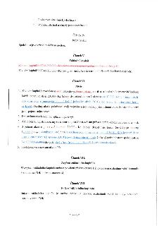 Výňatek ze stanov společnosti (strana 3/17). Obsahuje následující články: Článek IV. Doba trvání: Společnost je založena na dobu neurčitou. Článek V. Základní…