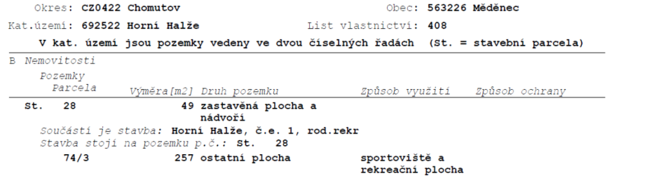 Výpis z katastru nemovitostí (část B - Nemovitosti). Okres: CZ0422 Chomutov, Obec: 563226 Měděnec, Katastrální území: 692522 Horní Halže, List vlastnictví: 408. Pozemky: 1) St. 28, výměra 49 m2, druh pozemku: zastavěná plocha a nádvoří, součástí je stavba: Horní Halže, č.e. 1, rod.rekr, stavba stojí na pozemku p.č.: St. 28. 2) 74/3, výměra 257 m2, druh pozemku: ostatní plocha, způsob využití: sportoviště a rekreační plocha.