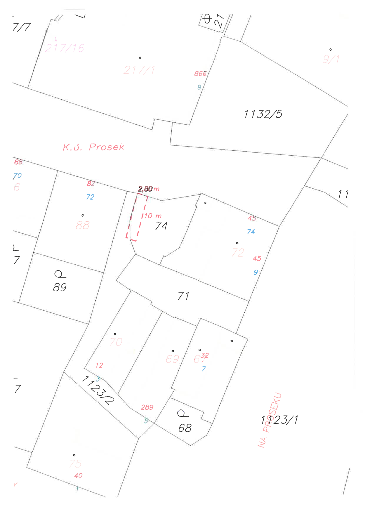 Výřez katastrální mapy zobrazující parcely v lokalitě Prosek.