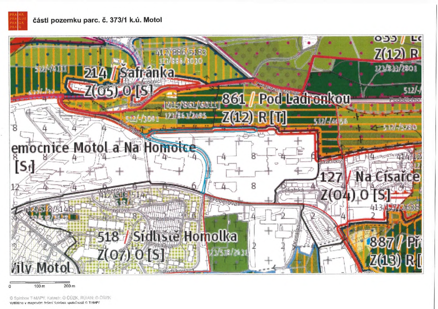 Územní plánovací mapa části pozemku parc. č. 373/1 v k.ú. Motol. Mapa obsahuje vyznačené zóny a lokality: 214 / Šafránka Z(05) O [S], 861 / Pod Ladronkou Z(12) R [T], Nemocnice Motol a Na Homolce [S], 518 / Sídliště Homolka Z(07) O [S], 127 / Na Císařce Z(04) O [S], 887 / Př Z(13) R. Dále jsou v mapě uvedeny názvy ulic (Weberova, Hennerova, Jeřabinová, Kotlářka, Radlíkova) a měřítko (0, 100 m, 200 m). Zdroj: Spinbox T-MAPY, Katastr ČÚZK, RÚIAN © ČÚZK, vytištěno v mapovém řešení Spinbox společnosti T-MAPY.