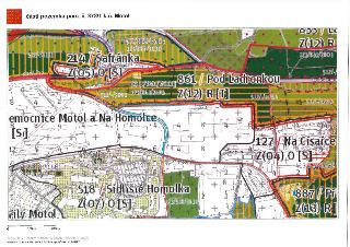 Územní plánovací mapa části pozemku parc. č. 373/1 v k.ú. Motol. Mapa obsahuje vyznačené zóny a lokality: 214 / Šafránka Z(05) O [S], 861 / Pod Ladronkou Z(12)…