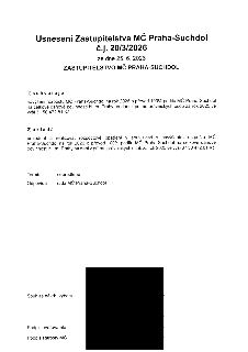 Usnesení Zastupitelstva MČ Praha-Suchdol č.j. 20/3/2026 ze dne 25. 6. 2026. 1) Schvaluje navýšení rozpočtu MČ Praha-Suchdol na rok 2026 o převod 100% podílu MČ…
