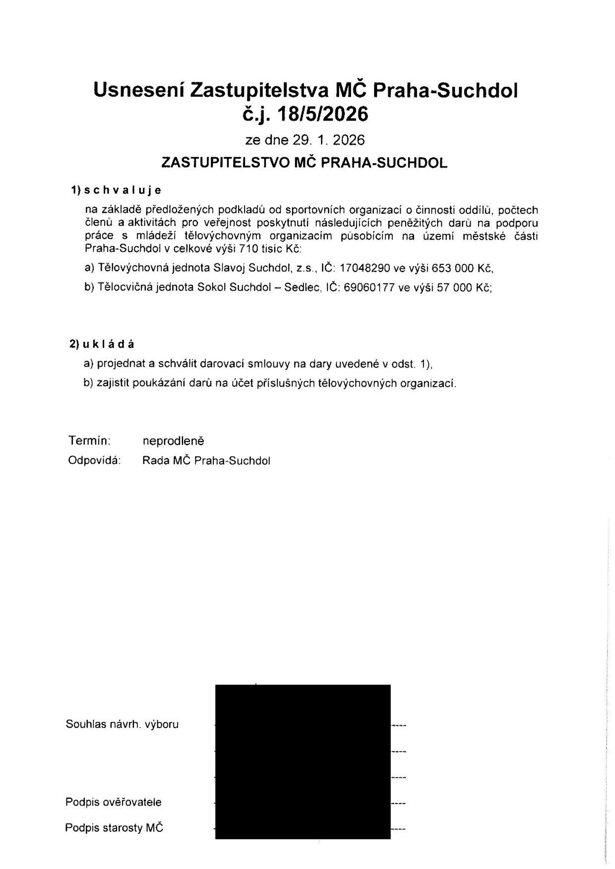 Usnesení Zastupitelstva MČ Praha-Suchdol č.j. 18/5/2026 ze dne 29. 1. 2026. Zastupitelstvo schvaluje poskytnutí peněžitých darů na podporu práce s mládeží tělovýchovným organizacím v celkové výši 710 tisíc Kč: a) Tělovýchovná jednota Slavoj Suchdol, z.s., IČ: 17048290 ve výši 653 000 Kč, b) Tělocvičná jednota Sokol Suchdol – Sedlec, IČ: 69060177 ve výši 57 000 Kč. Zastupitelstvo ukládá projednat a schválit darovací smlouvy a zajistit poukázání darů na účet organizací. Termín: neprodleně. Odpovídá: Rada MČ Praha-Suchdol.