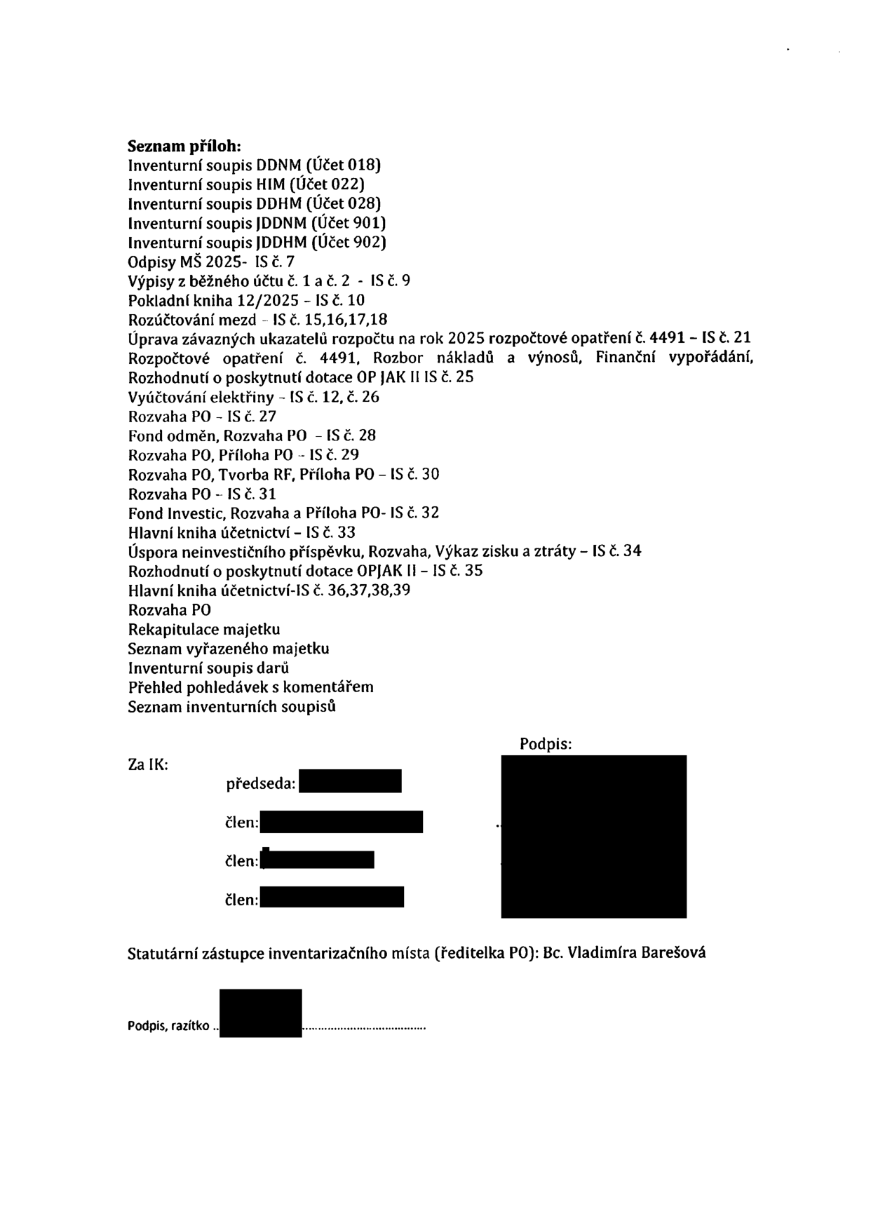 Seznam příloh inventarizace: Inventurní soupis DDNM (Účet 018), Inventurní soupis HIM (Účet 022), Inventurní soupis DDHM (Účet 028), Inventurní soupis JDDNM (Účet 901), Inventurní soupis JDDHM (Účet 902), Odpisy MŠ 2025 - IS č. 7, Výpisy z běžného účtu č. 1 a č. 2 - IS č. 9, Pokladní kniha 12/2025 - IS č. 10, Rozúčtování mezd - IS č. 15, 16, 17, 18, Úprava závazných ukazatelů rozpočtu na rok 2025 rozpočtové opatření č. 4491 - IS č. 21, Rozpočtové opatření č. 4491, Rozbor nákladů a výnosů, Finanční vypořádání, Rozhodnutí o poskytnutí dotace OP JAK II IS č. 25, Vyúčtování elektřiny - IS č. 12, č. 26, Rozvaha PO - IS č. 27, Fond odměn, Rozvaha PO - IS č. 28, Rozvaha PO, Příloha PO - IS č. 29, Rozvaha PO, Tvorba RF, Příloha PO - IS č. 30, Rozvaha PO - IS č. 31, Fond Investic, Rozvaha a Příloha PO - IS č. 32, Hlavní kniha účetnictví - IS č. 33, Úspora neinvestičního příspěvku, Rozvaha, Výkaz zisku a ztráty - IS č. 34, Rozhodnutí o poskytnutí dotace OPJAK II - IS č. 35, Hlavní kniha účetnictví-IS č. 36, 37, 38, 39, Rozvaha PO, Rekapitulace majetku, Seznam vyřazeného majetku, Inventurní soupis darů, Přehled pohledávek s komentářem, Seznam inventurních soupisů. Statutární zástupce inventarizačního místa (ředitelka PO): Bc. Vladimíra Barešová.
