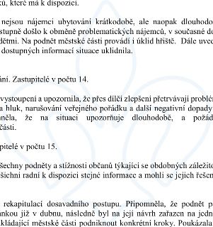 Úryvek zápisu z jednání zastupitelstva městské části. Text obsahuje informace o řešení problémů s nájemníky a veřejným pořádkem: 
- Zmínka o obměně problematic…