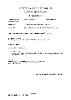 MĚSTSKÁ ČÁST PRAHA 21, MATERIÁL K PROJEDNÁNÍ, BJ/00345/2026. Zastupitelstvo městské části: ZMČ20. Jednání, dne 21.09.2026. Předkládá: Ing. Michal Hazdra, staro…