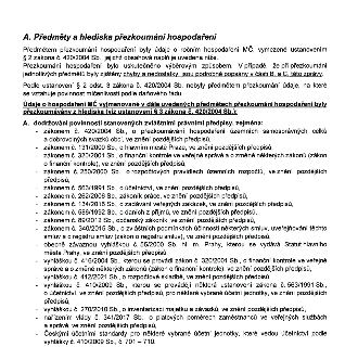 Text dokumentu 'A. Předměty a hlediska přezkoumání hospodaření'. Dokument uvádí, že předmětem přezkoumání byly údaje o ročním hospodaření MČ dle zákona č. 420/…