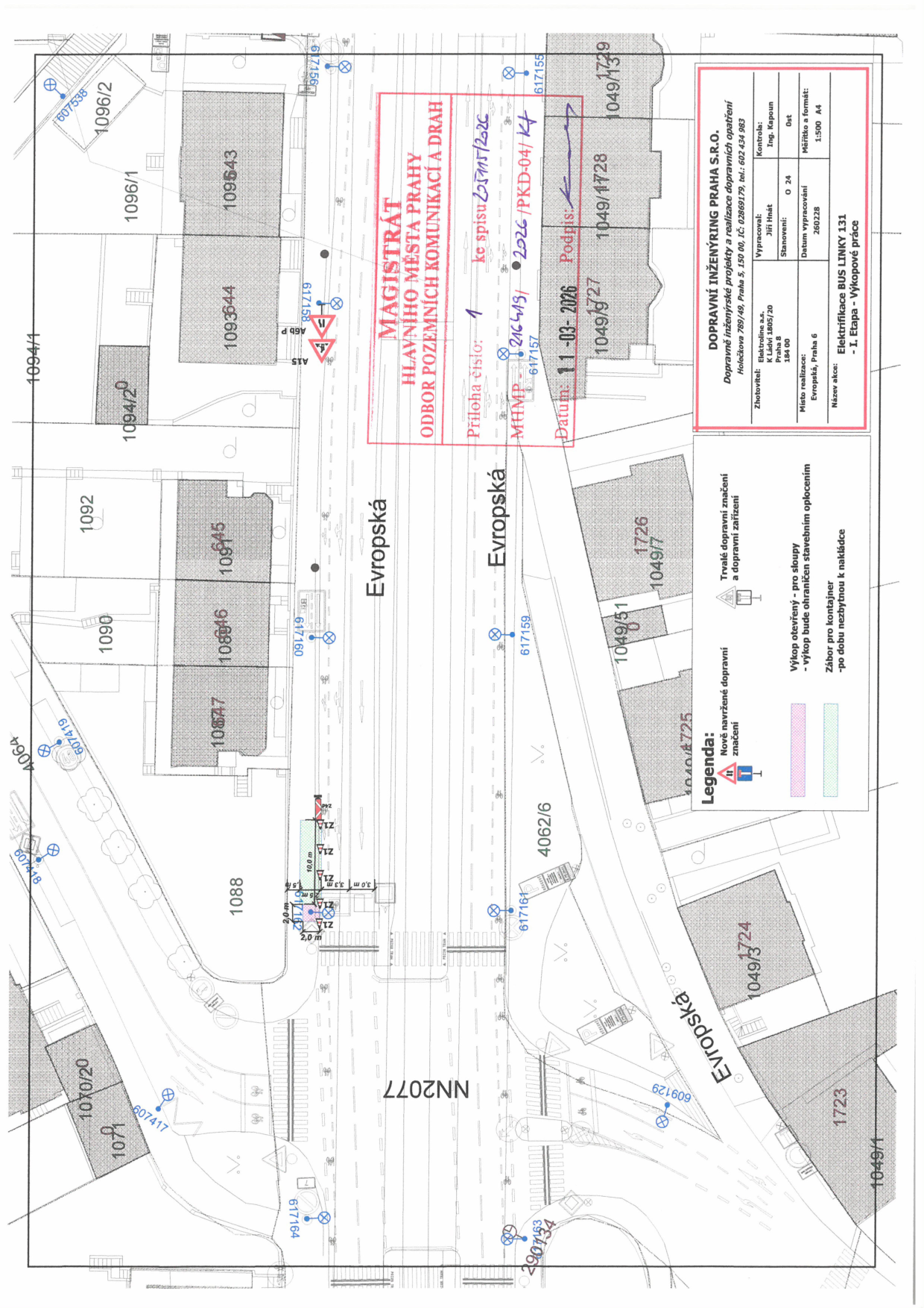 Situační nákres dopravního značení a záboru pro stavbu na ulici Evropská.