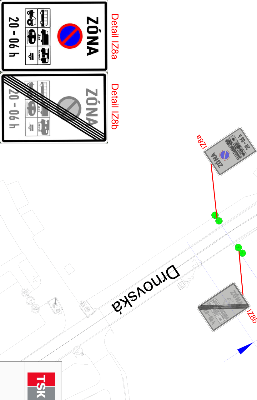 Situační nákres dopravního značení na ulici Drnovská se zobrazením zónového zákazu stání.