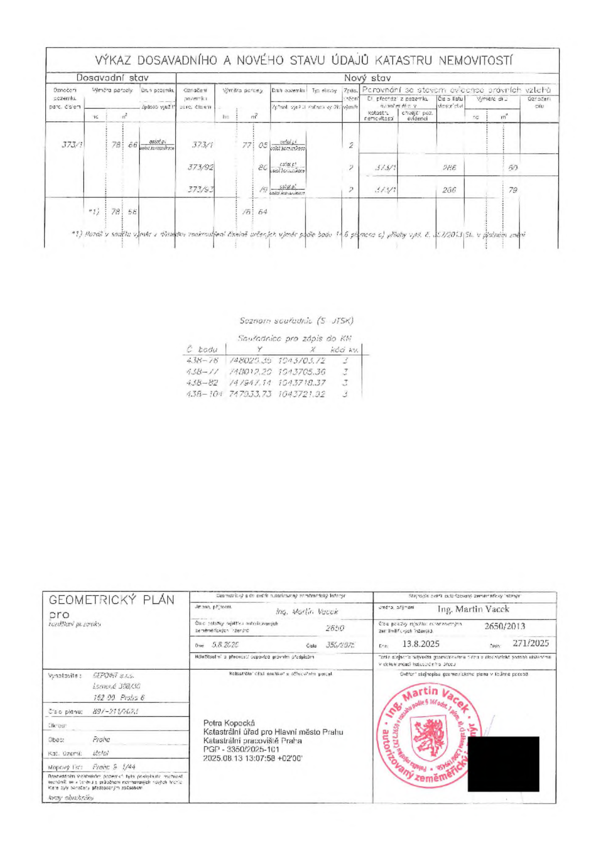 Geometrický plán pro rozdělení pozemku. Tabulka 'Výkaz dosavadního a nového stavu údajů katastru nemovitostí' obsahuje parcelu č. 373/1 (původní výměra 7866 m2), která se dělí na parcely 373/1 (7705 m2), 373/92 (80 m2) a 373/93 (81 m2). Dále je uveden 'Seznam souřadnic (S-JTSK)' pro body 438-78, 438-77, 438-82 a 438-104. Dokument vyhotovil Ing. Martin Vacek, číslo plánu 891-211/2024, datum 13.8.2025. Potvrzeno Katastrálním úřadem pro hlavní město Prahu, Katastrální pracoviště Praha, PGP-3350/2025-101, dne 13.8.2025.